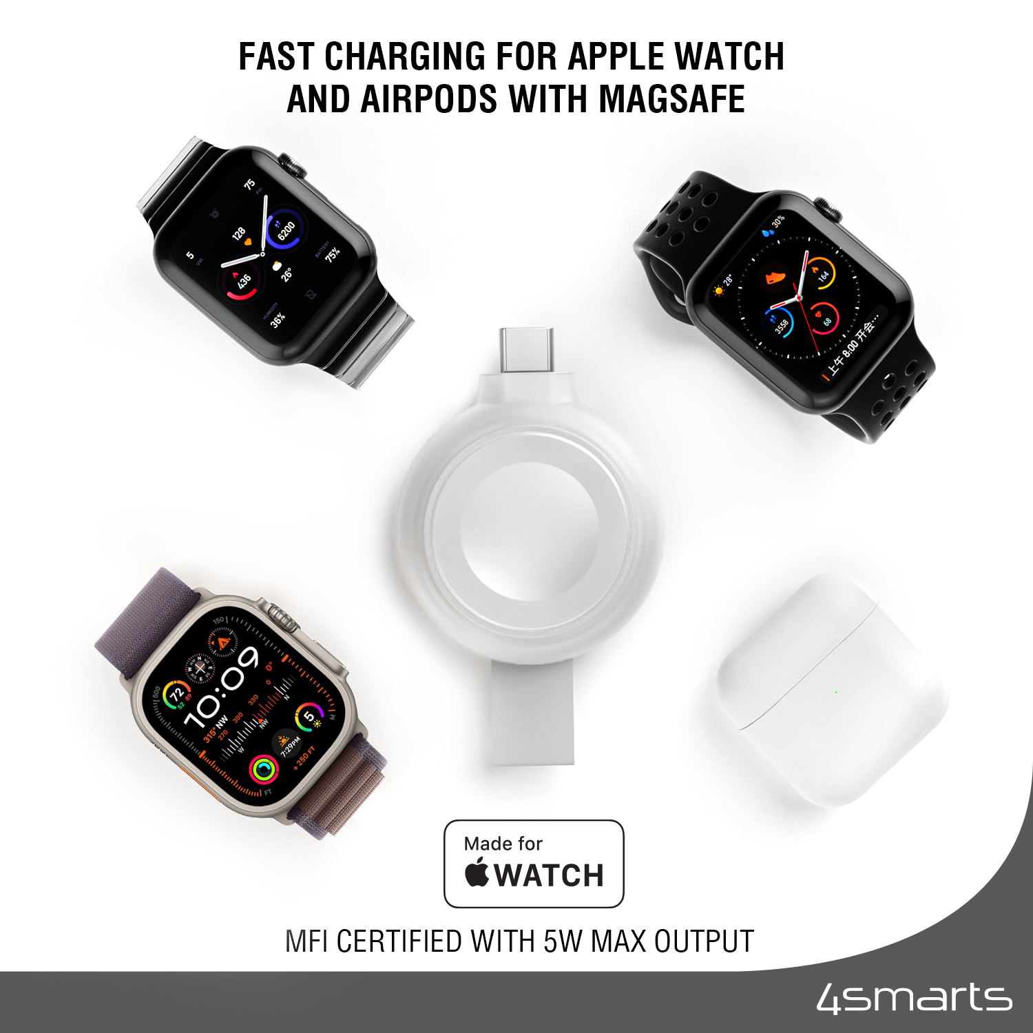 The 4smarts MFi Fast Charger also supports MagSafe fast charging for Apple Watch and AirPods.