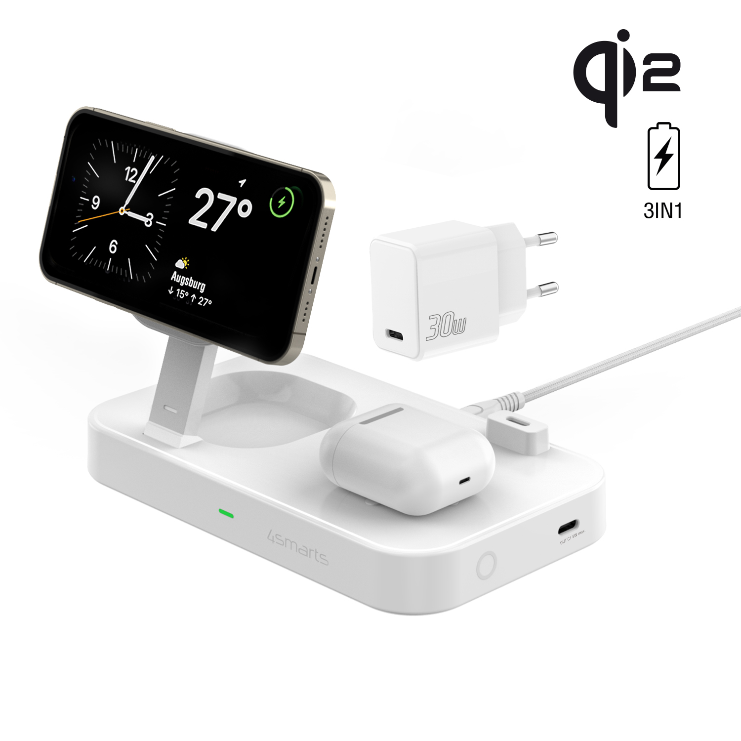 Die 3 in 1 4smarts Qi2 Trident Ladestation ist der perfekte Begleiter für dein iPhone, deine Apple Watch und dein TWS Headset. 