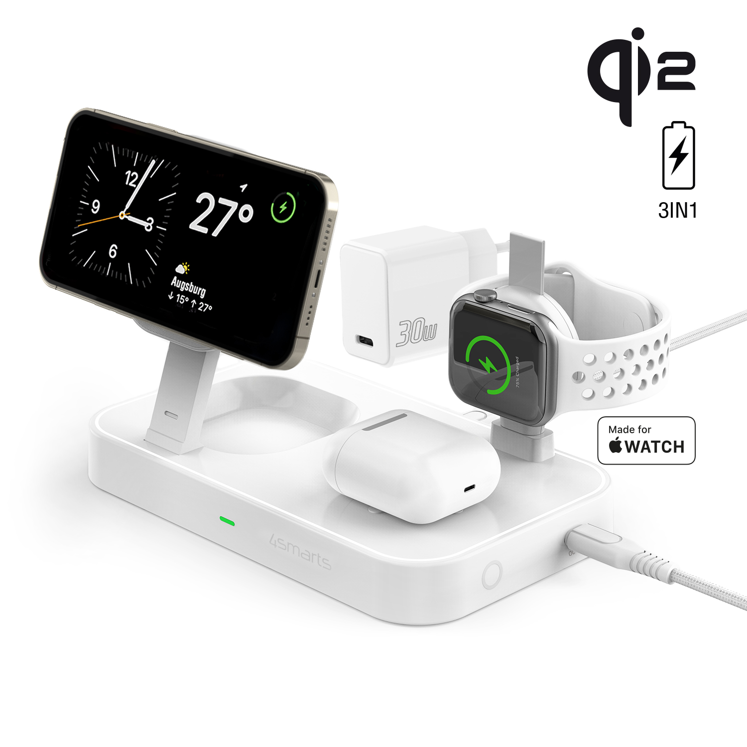 Die 4smarts 3-in-1 Qi2 Wireless Charger Station lädt dein iPhone, deine Apple Watch und dein TWS Headset gleichzeitig auf.