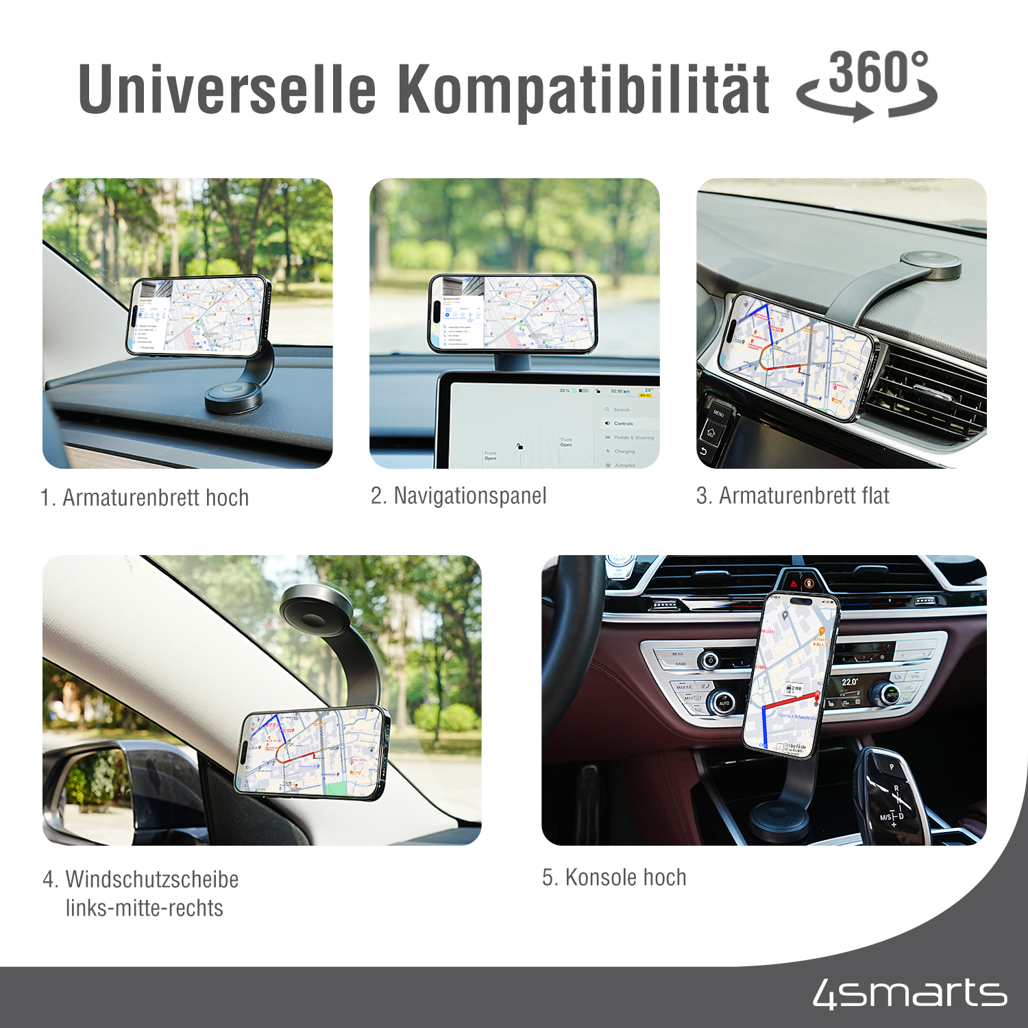 Mit dem 4smarts Qi2 Autoladeset hast du eine MagSafe Auto Halterung, die an vielen Stellen im Auto befestigt werden kann.