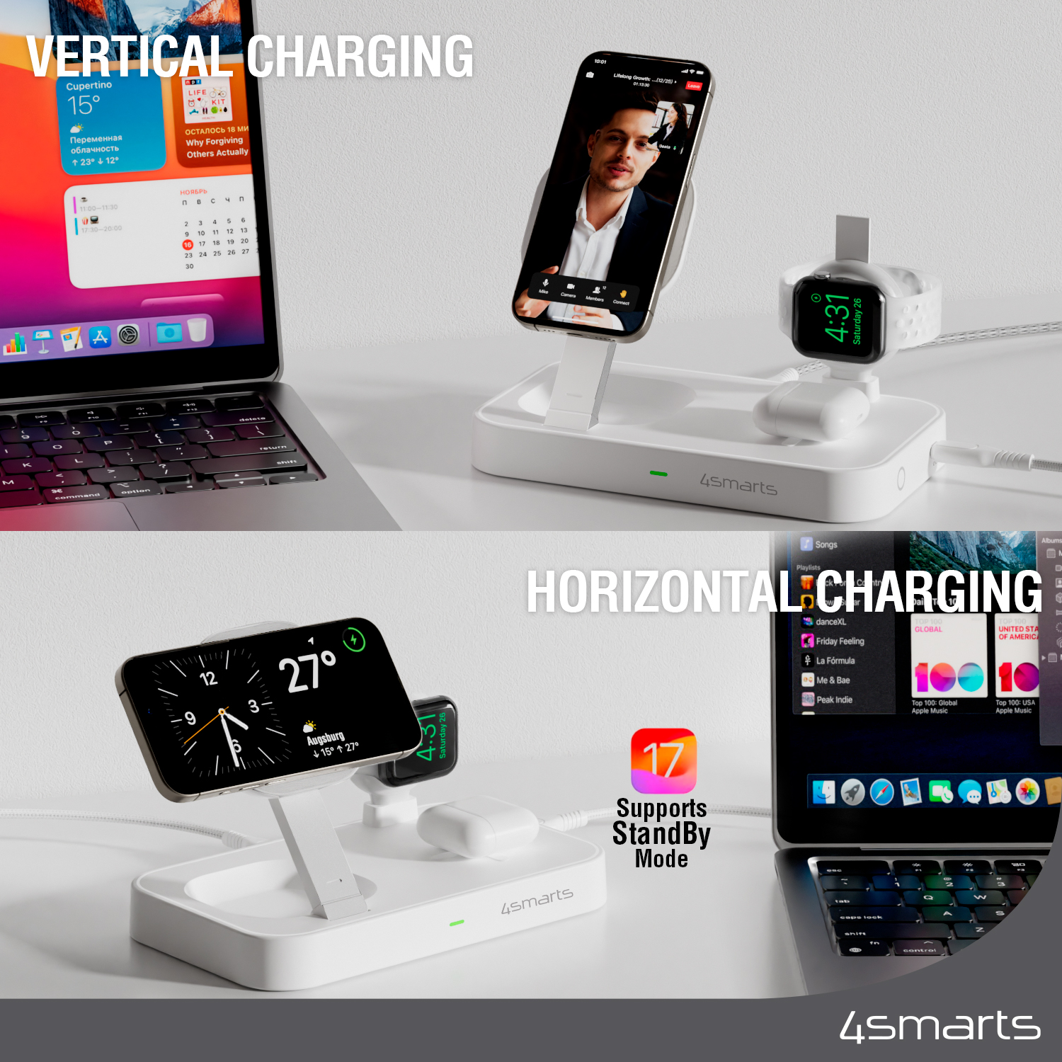 The 4smarts Qi2 Trident Charging Dock supports horizontal and vertical charging of the phone, as well as Apple Stand-By mode.