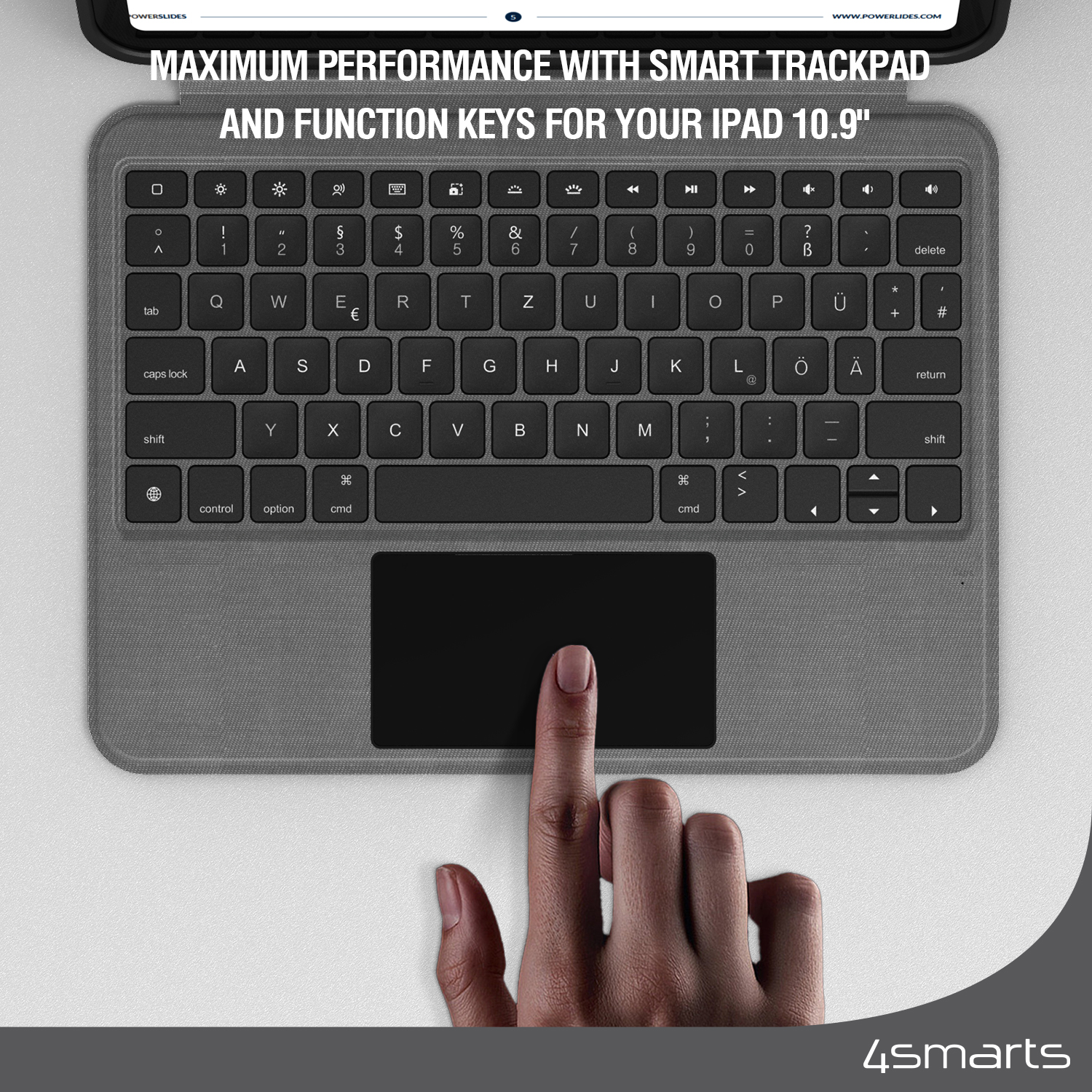 The 4smarts Case 2in1 Solid Smart Connect for iPad 10th generation features a smart trackpad and function keys.