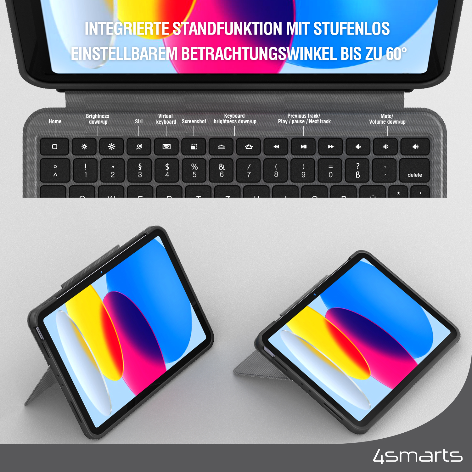 Das 4smarts Case 2in1 Solid iPad Tastatur verfügt über eine integrierte Standfunktion mit einstellbarem Betrachtungswinkel.