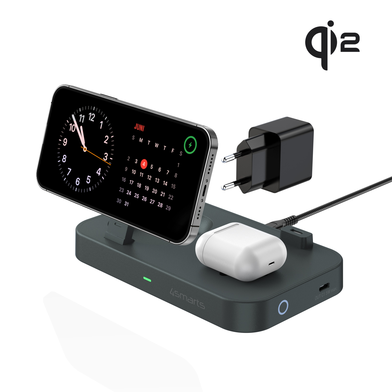 Die 3 in 1 4smarts Qi2 Trident Ladestation ist der perfekte Begleiter für dein iPhone, deine Apple Watch und dein TWS Headset. 