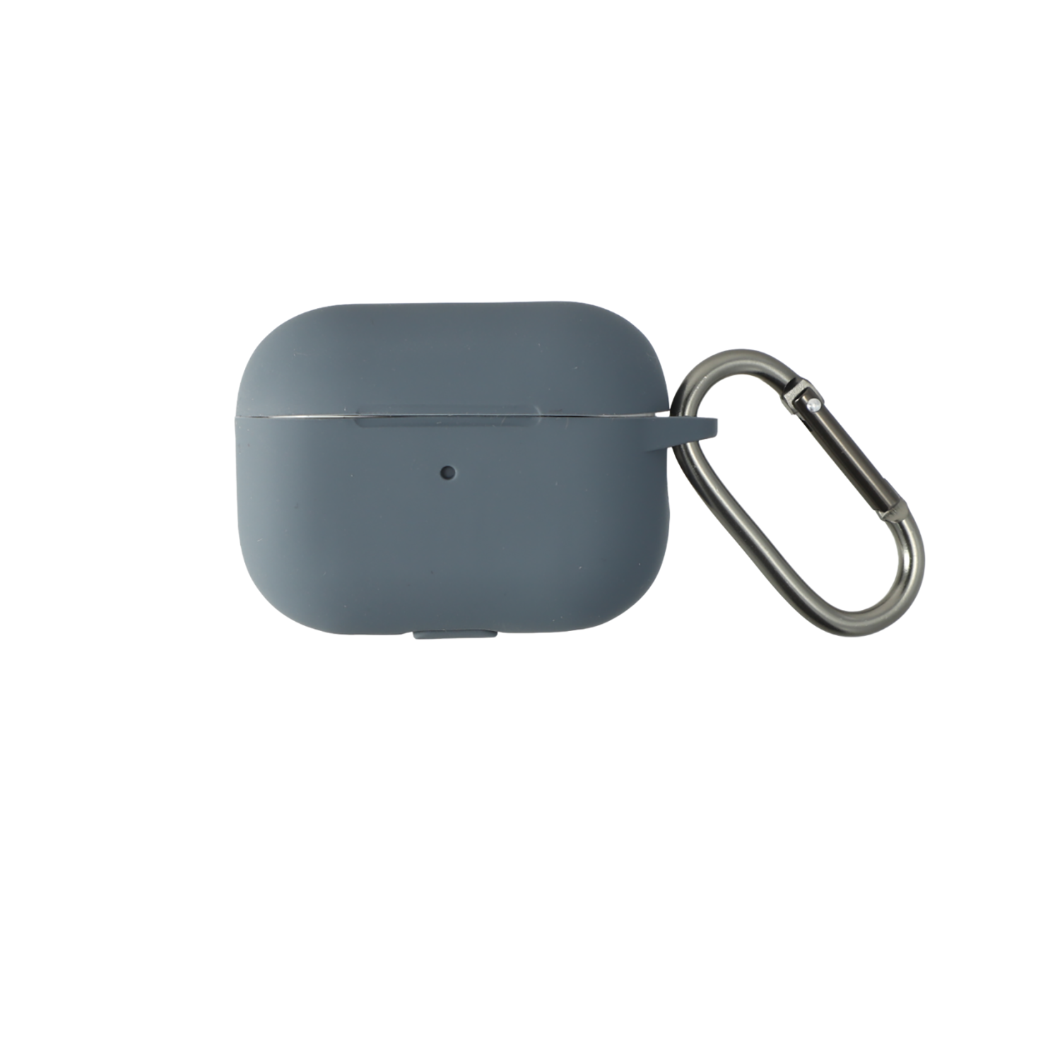 Graues Silikonetui mit Karabiner für AirPods Pro 2, Vorderansicht.
