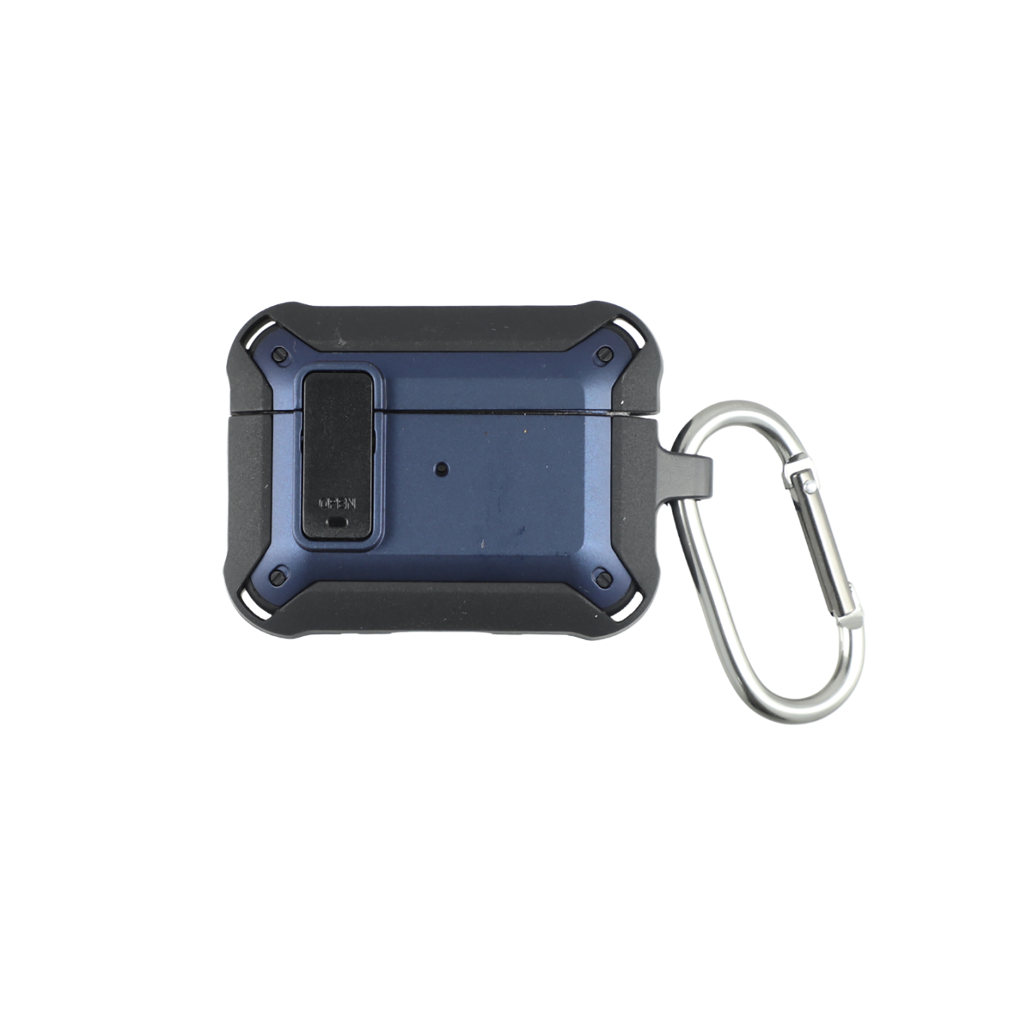 Robustes, blau-schwarzes Schutzetui mit Karabiner für AirPods Pro 2, Vorderansicht.
