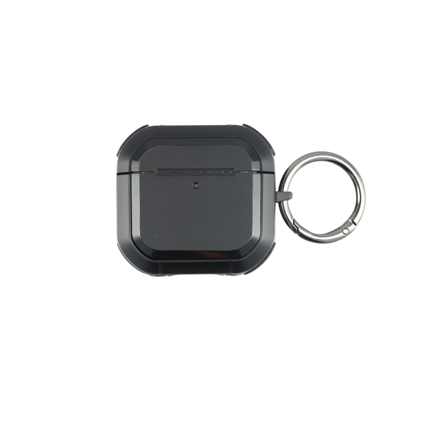Schwarzes Schutzetui mit Karabiner für AirPods 4, Ansicht von vorne.
