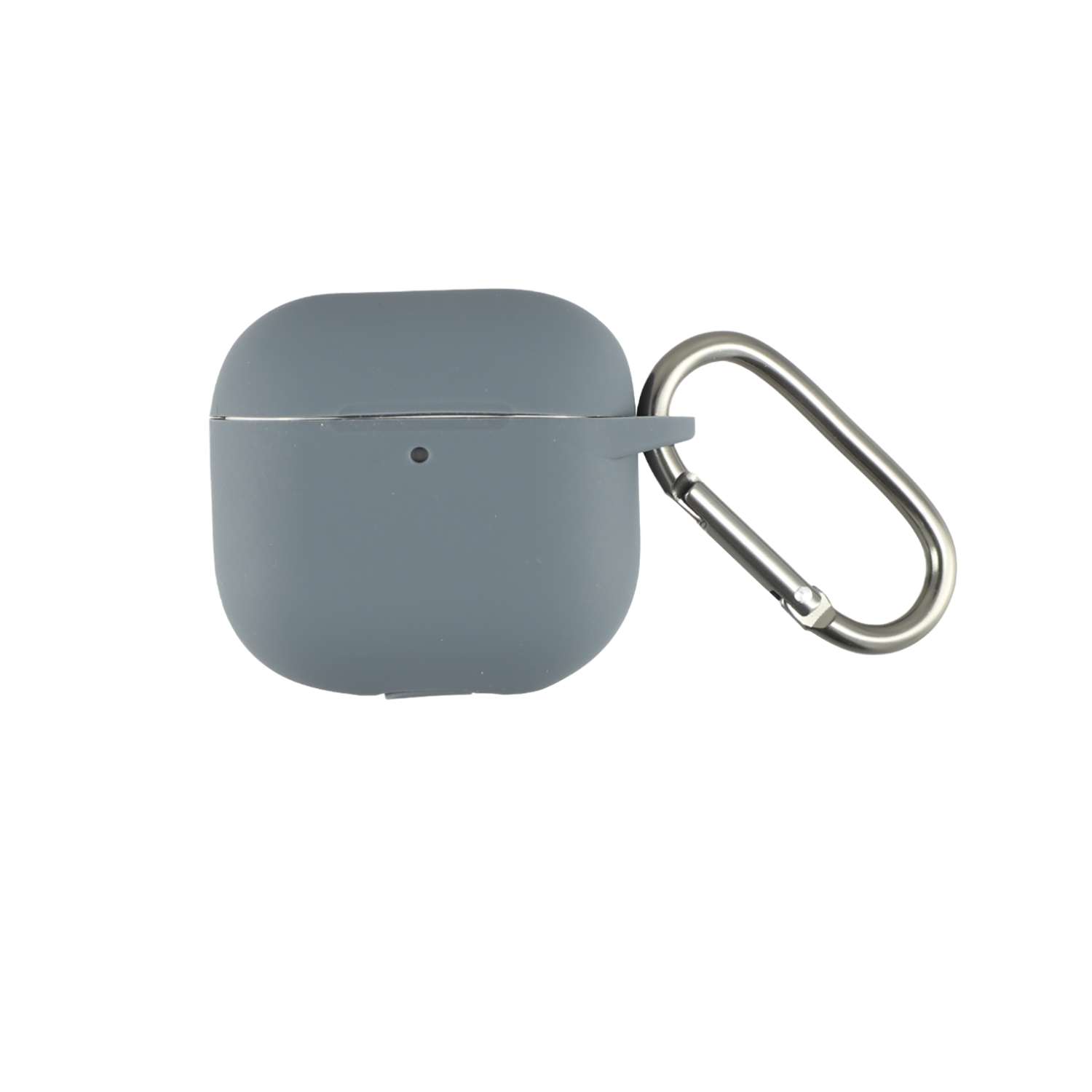 Graues Silikonetui mit Karabiner für AirPods 4, Vorderansicht.
