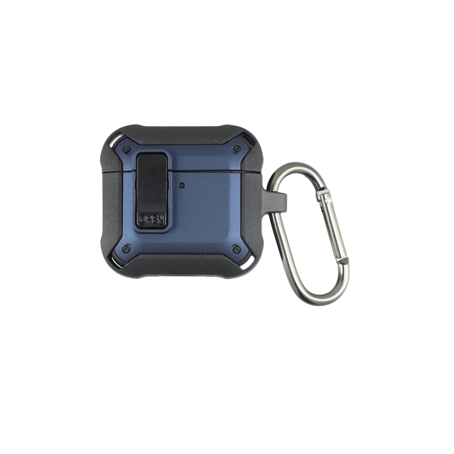 Robustes, blau-schwarzes Schutzetui mit Karabiner für AirPods 4, Vorderansicht.
