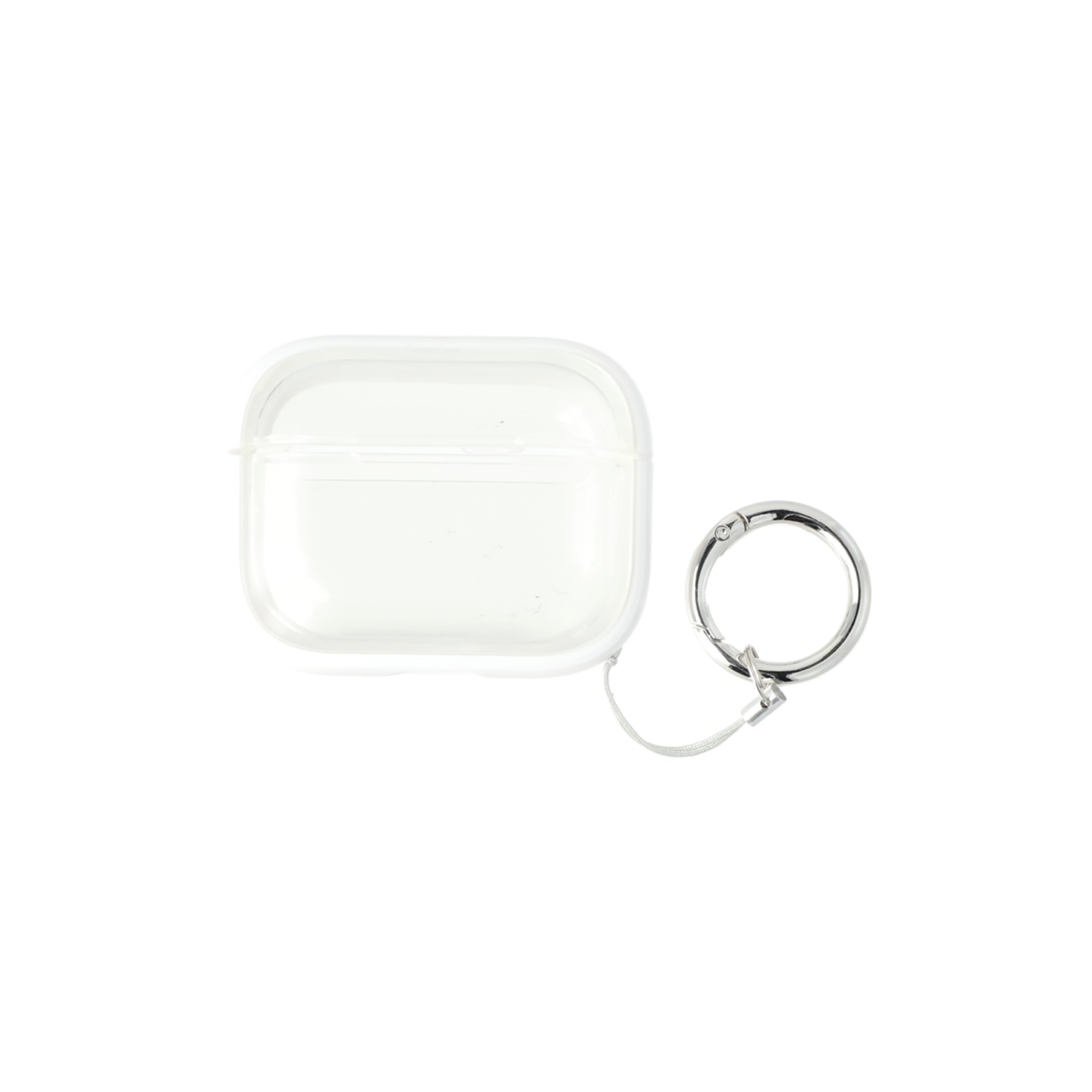 Schutzhülle für AirPods Pro 2 mit Schlüsselring, flach auf weißem Hintergrund dargestellt.
