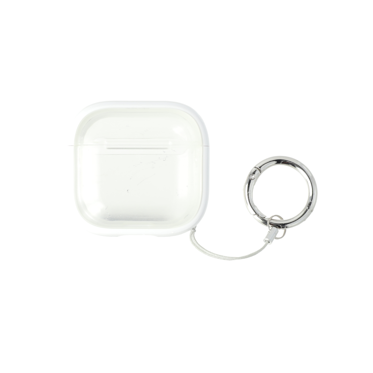 Schutzhülle für AirPods 4 mit Schlüsselring, flach auf weißem Hintergrund dargestellt.
