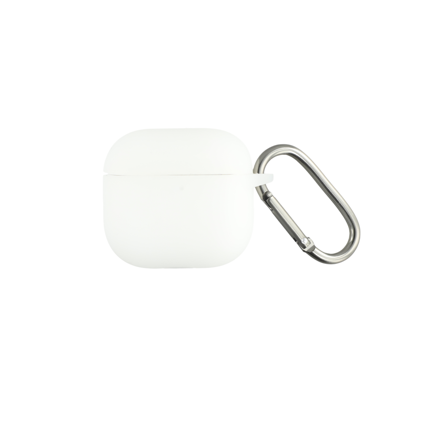 Schutzhülle für AirPods 4 mit Karabiner, flach auf weißem Hintergrund dargestellt.

