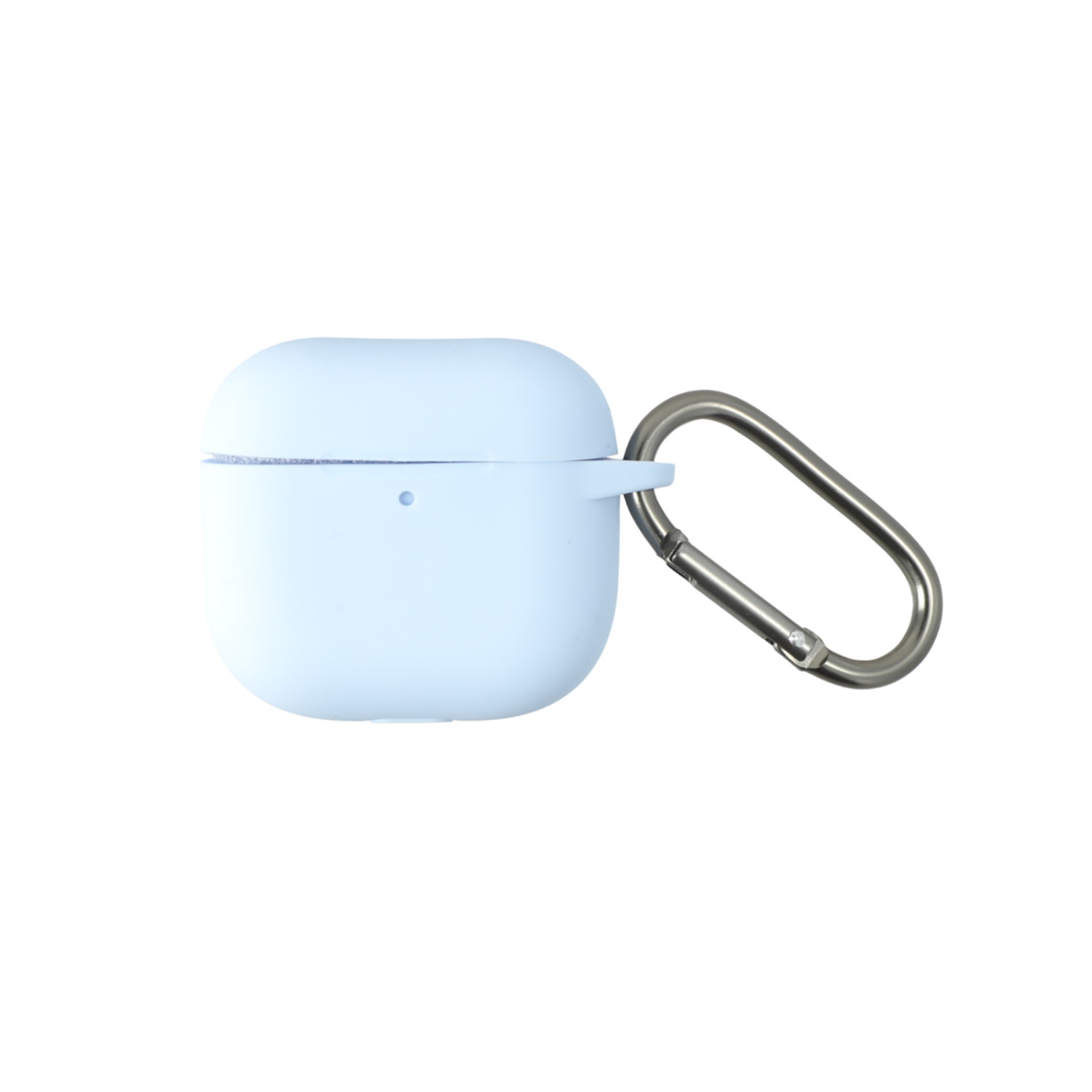 Schutzhülle für AirPods 4 mit Karabiner, flach auf weißem Hintergrund dargestellt.
