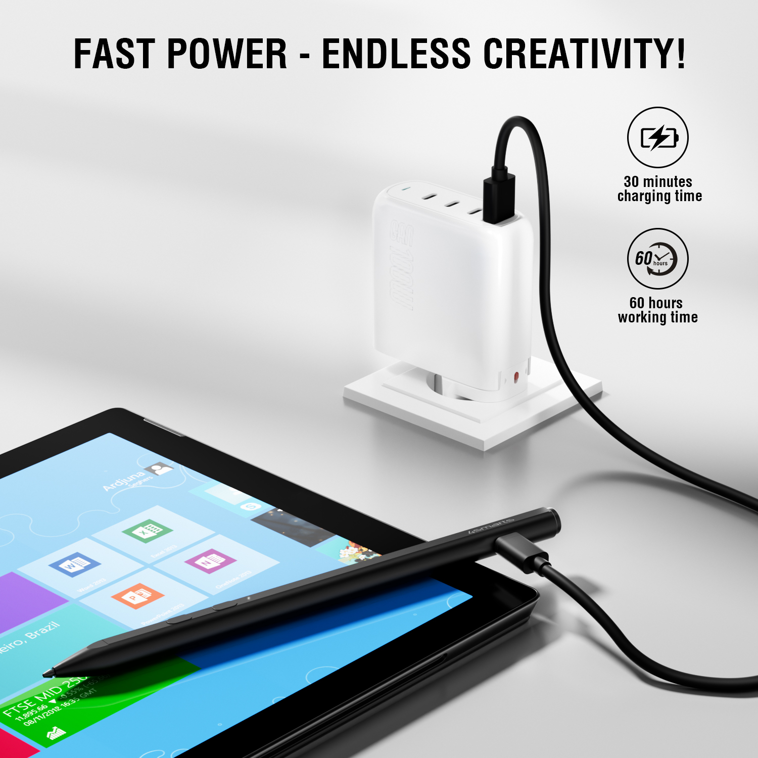 4smarts MPP Surface Pen with USB-C charging cable and charger on a Microsoft Surface tablet
