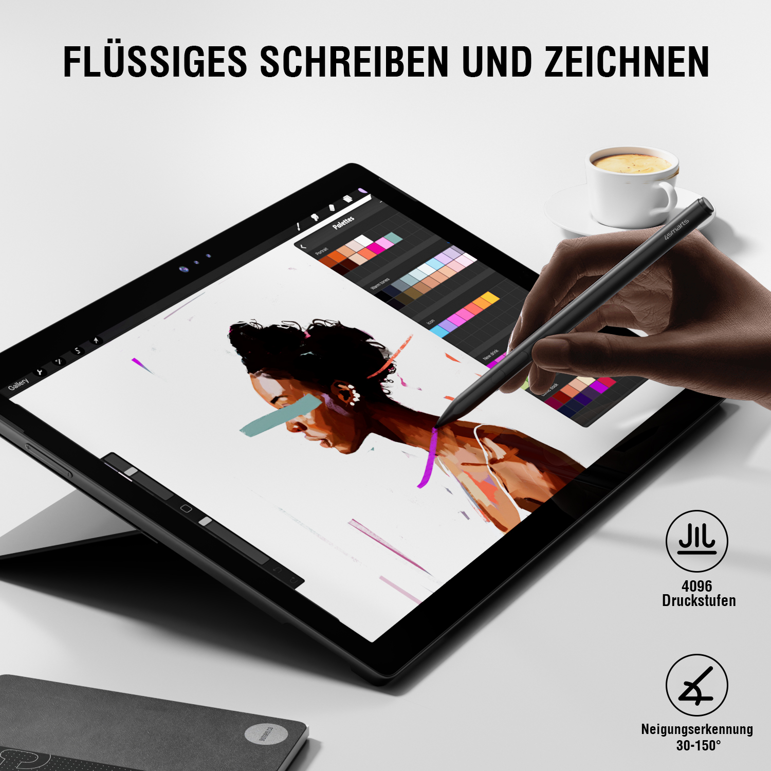 4smarts MPP Surface Pen in der Hand beim Zeichnen, mit grafischer Darstellung von Druckstufen und Neigungswinkeln
