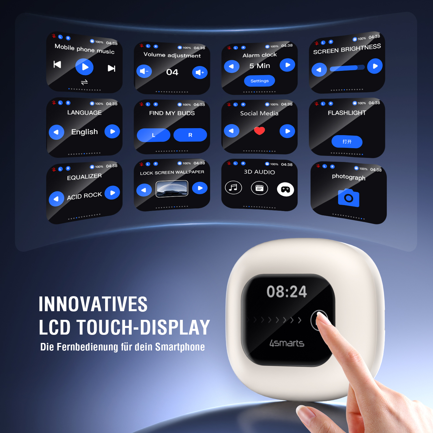 Nahaufnahme eines innovativen LCD-Touch-Displays mit verschiedenen Steuerungsfunktionen für Musik, Sprache, Helligkeit und mehr – dargestellt als Fernbedienung für das Smartphone.