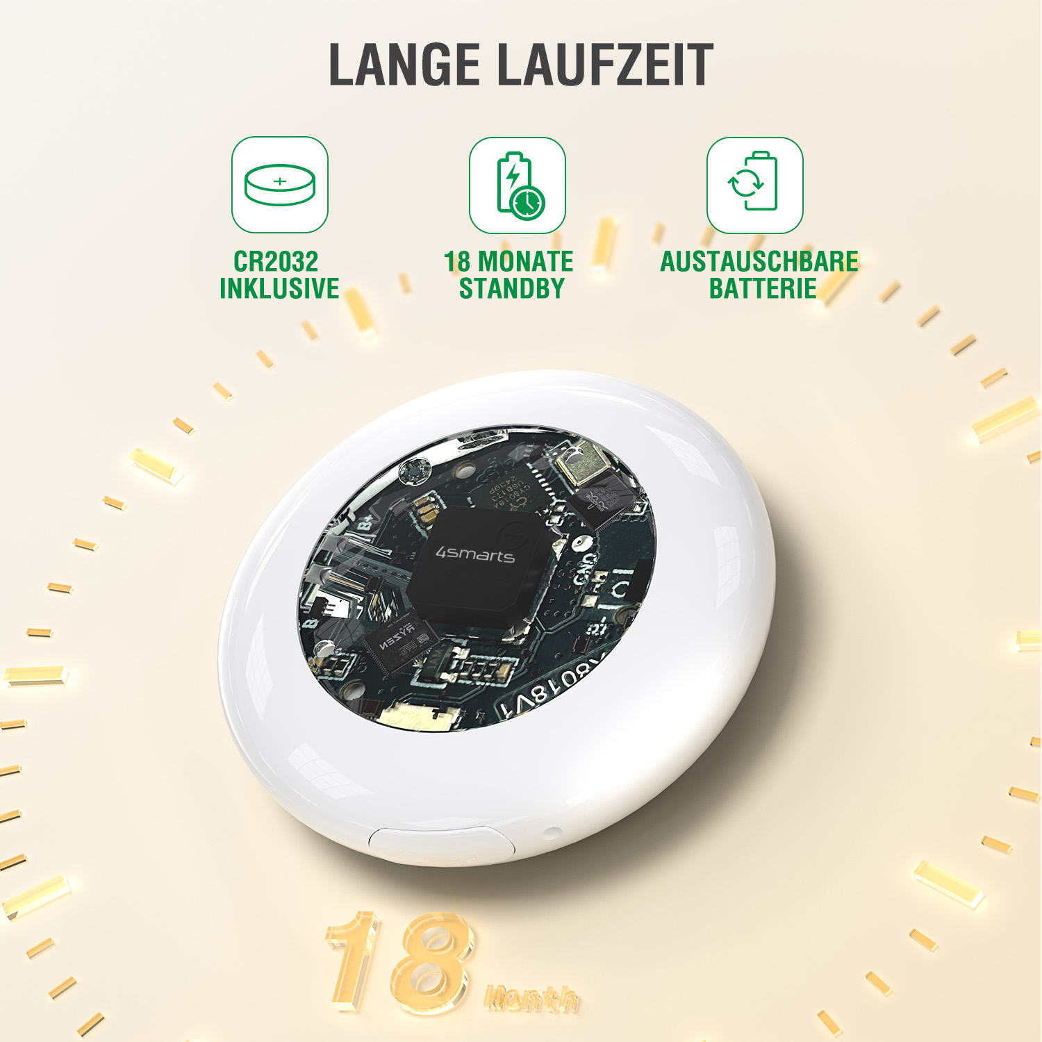 4smarts Smart Tracker mit 18 Monaten Laufzeit und austauschbarer CR2032-Batterie.
