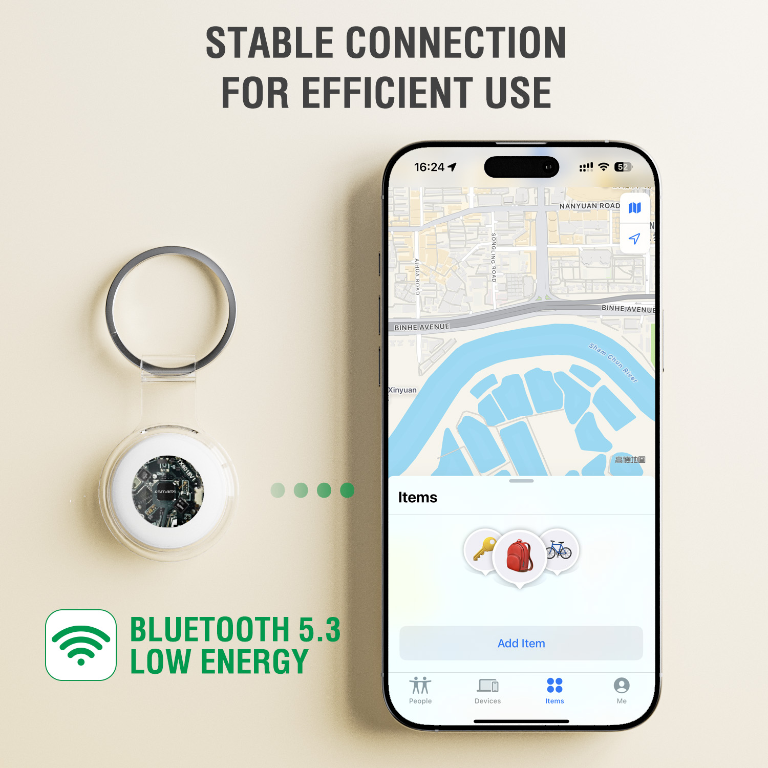 4smarts SkyTag Lucid in white next to an iPhone displaying the Find My app
