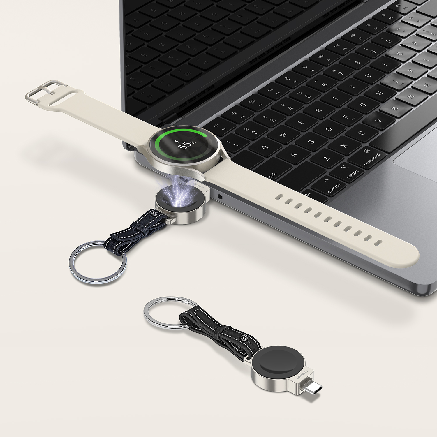 Kompaktes Schlüsselanhänger-Ladegerät mit USB-C für die Galaxy Watch – magnetisch, stylisch und ideal für unterwegs.
