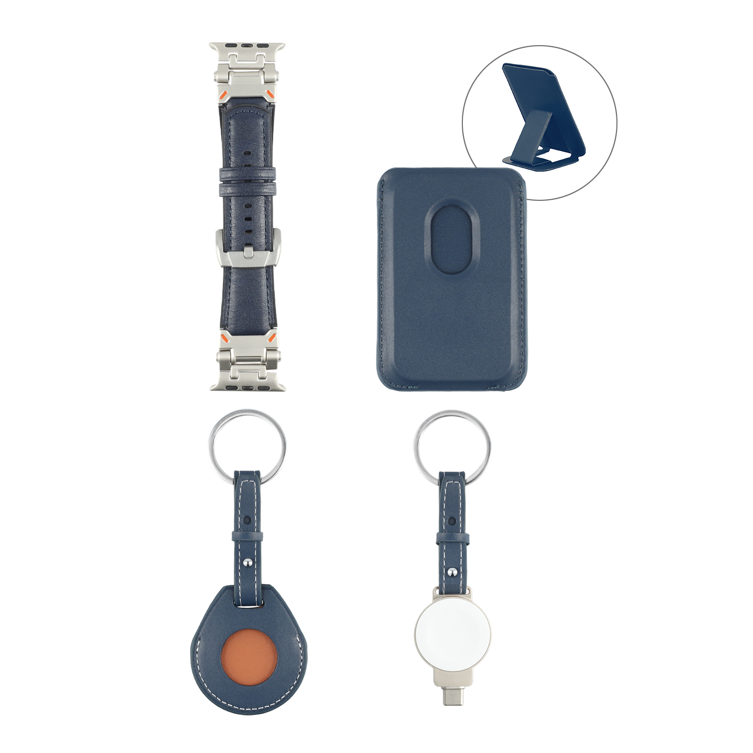 4-teiliges Zubehör-Set in Blau: Armband für Apple Watch, Kartenhalter mit Standfunktion, AirTag-Schlüsselanhänger, Kabelloser Ladeanhänger für Apple Watch
