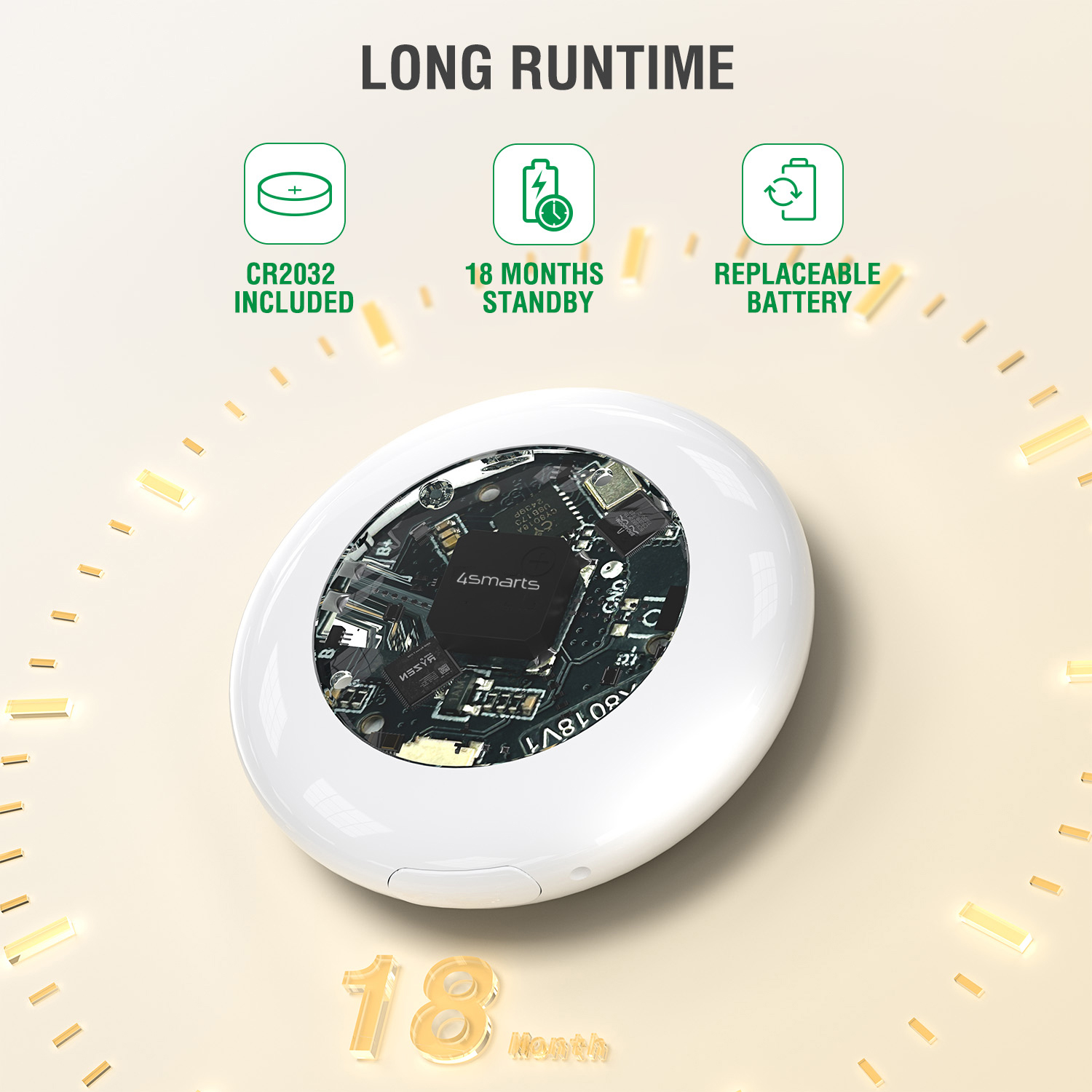 4smarts smart tracker with 18-month battery life and replaceable CR2032 cell.
