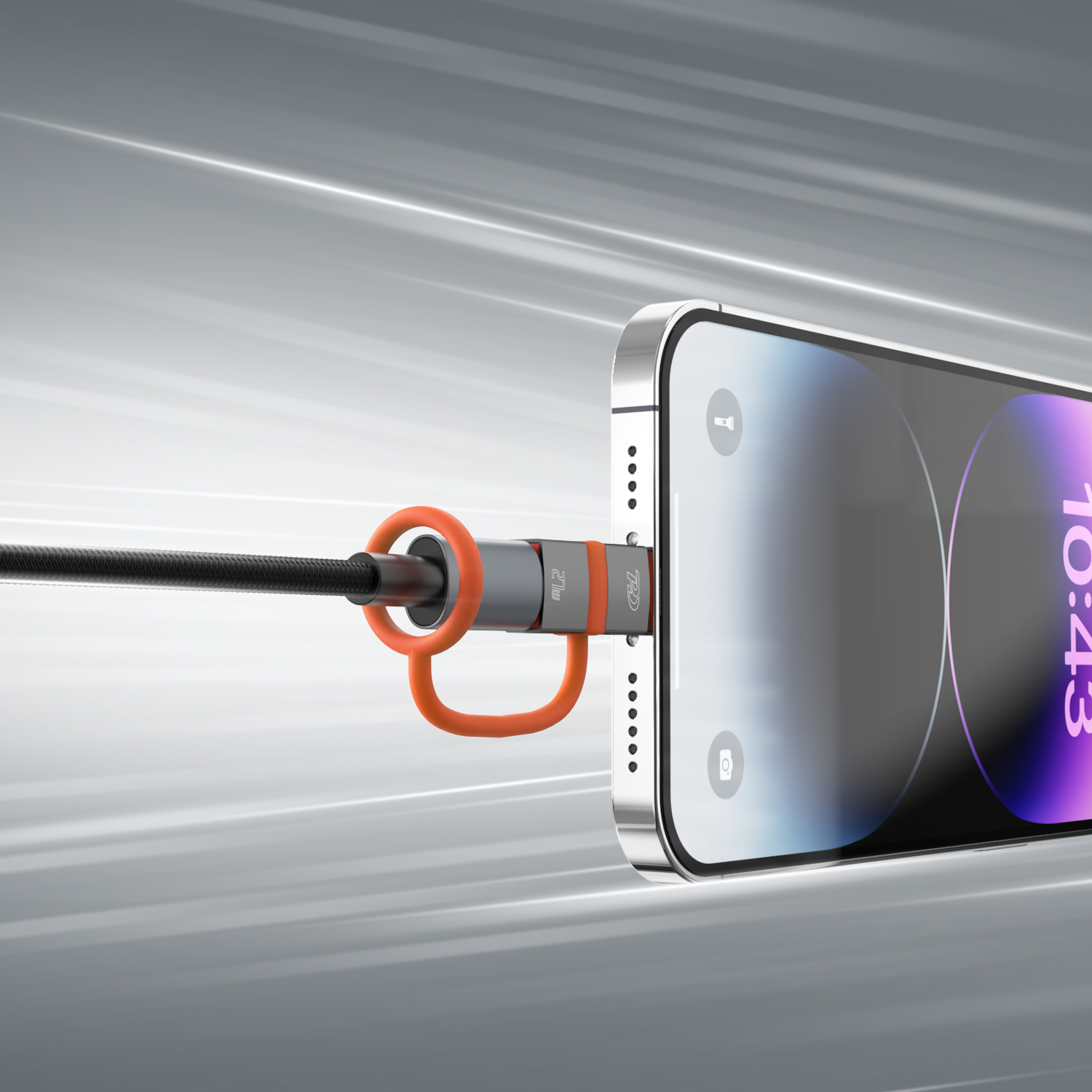 iPhone being fast-charged with an orange-black USB-C to Lightning cable – highlighting 27W power capability.