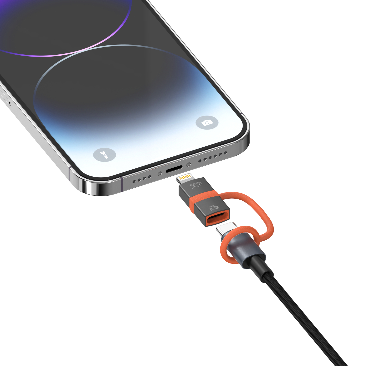 USB-C cable with Lightning adapter about to connect to an iPhone – perfect fit and well-thought-out design.