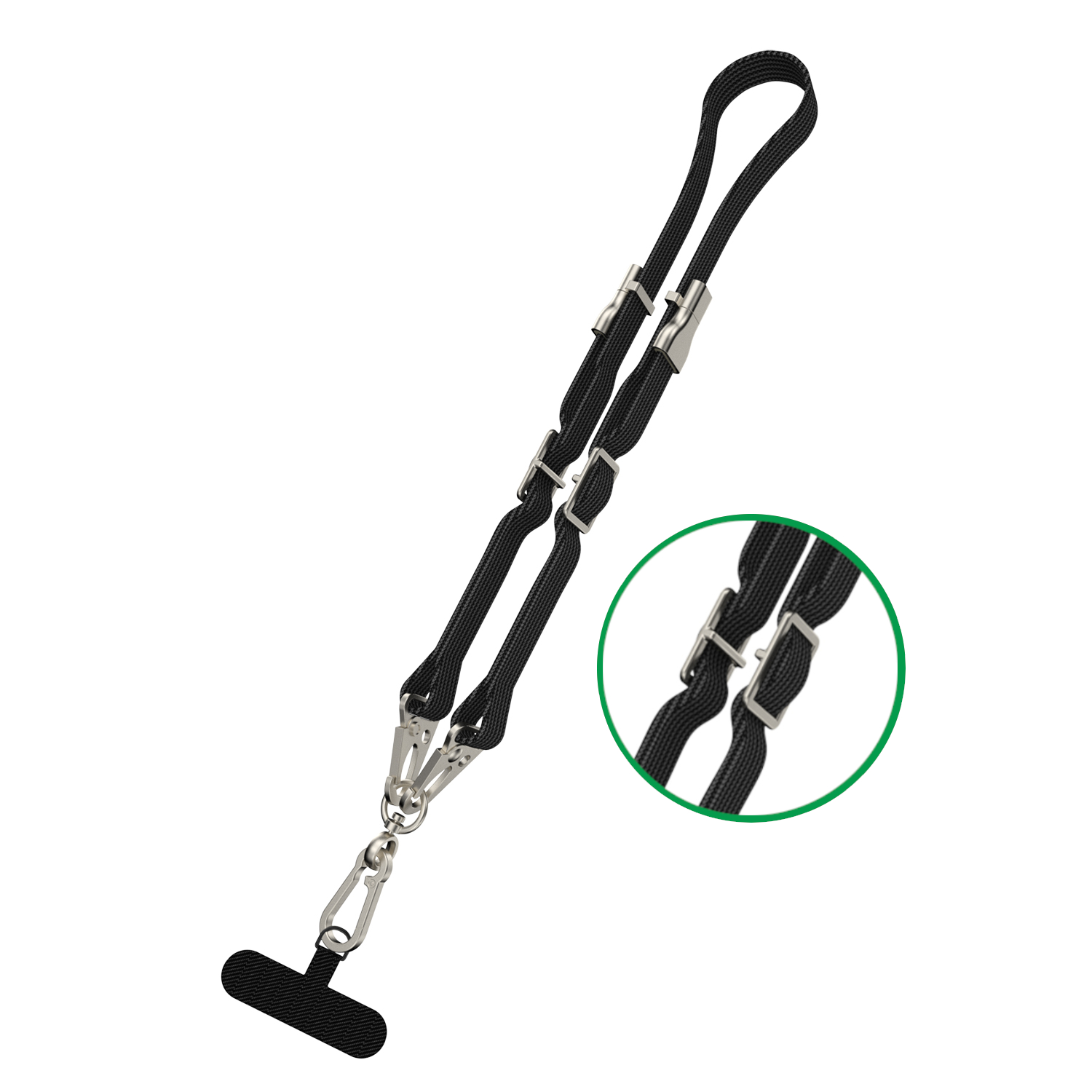 Black adjustable USB-C lanyard with durable metal clips and carabiner hook – perfect for securely attaching smartphones, ID cards, or accessories.