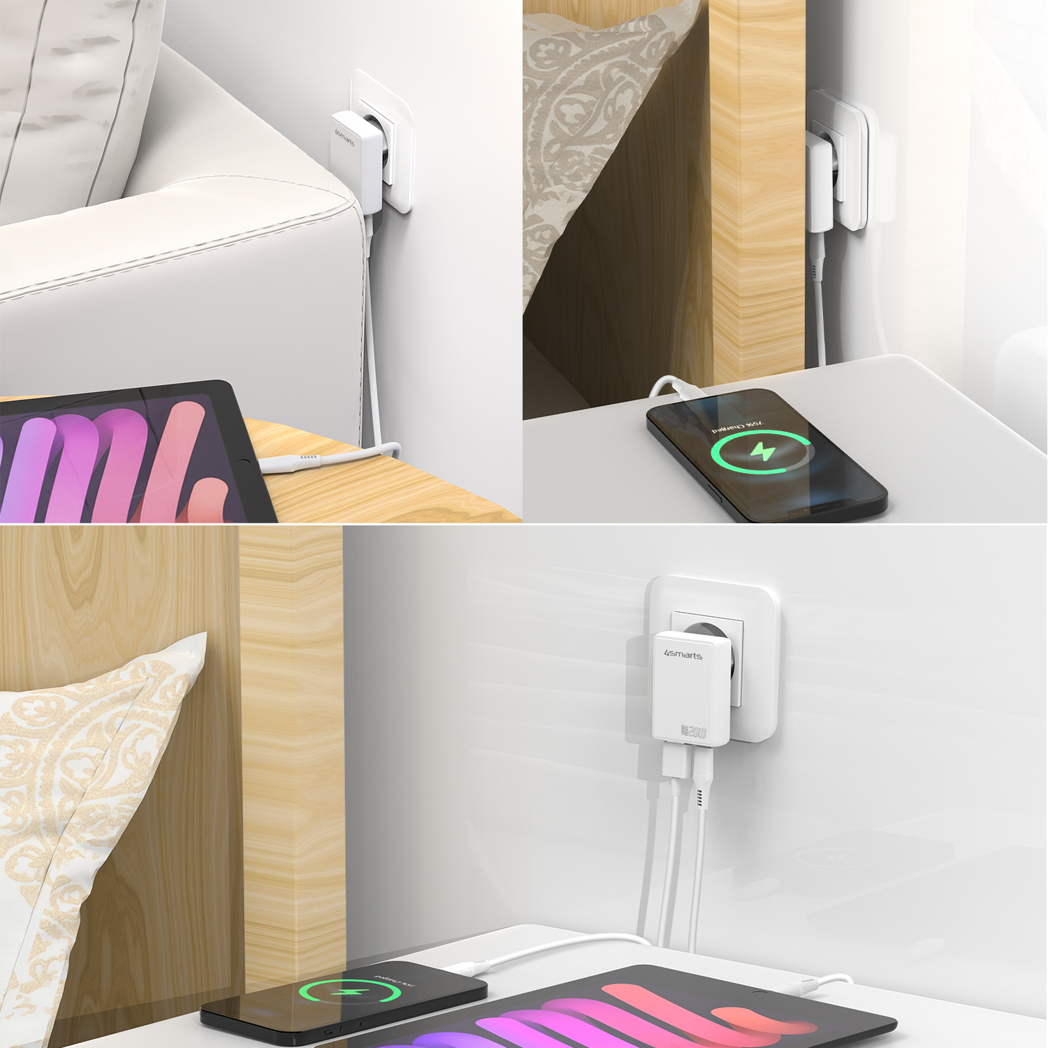 4smarts USB-C Ladegerät in einer Steckdose, lädt gleichzeitig ein Smartphone und ein Laptop, platziert in einer gemütlichen Wohnzimmerszene mit einem Sofa und einem Beistelltisch.