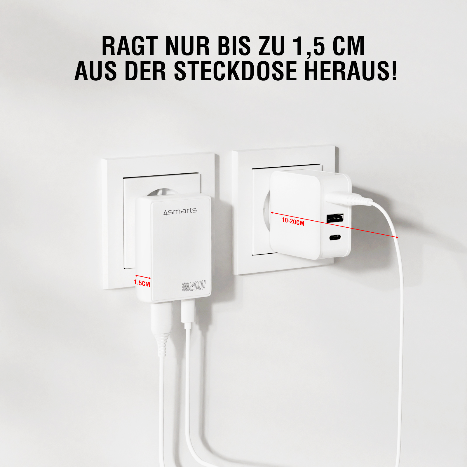 4smarts USB-C Ladegerät in unterschiedlichen Szenarien, lädt gleichzeitig ein Smartphone und ein Tablet, platziert an Betten und Nachttischen in einer wohnlichen Umgebung.