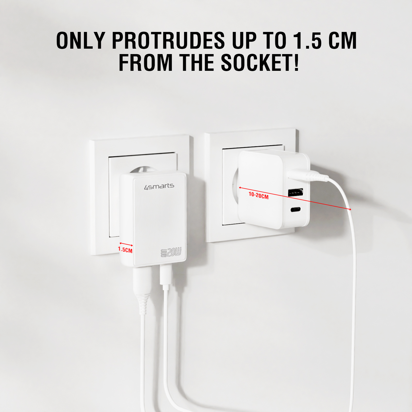 4smarts USB-C charger in various settings, simultaneously charging a smartphone and a tablet, placed near beds and nightstands in a cozy environment.