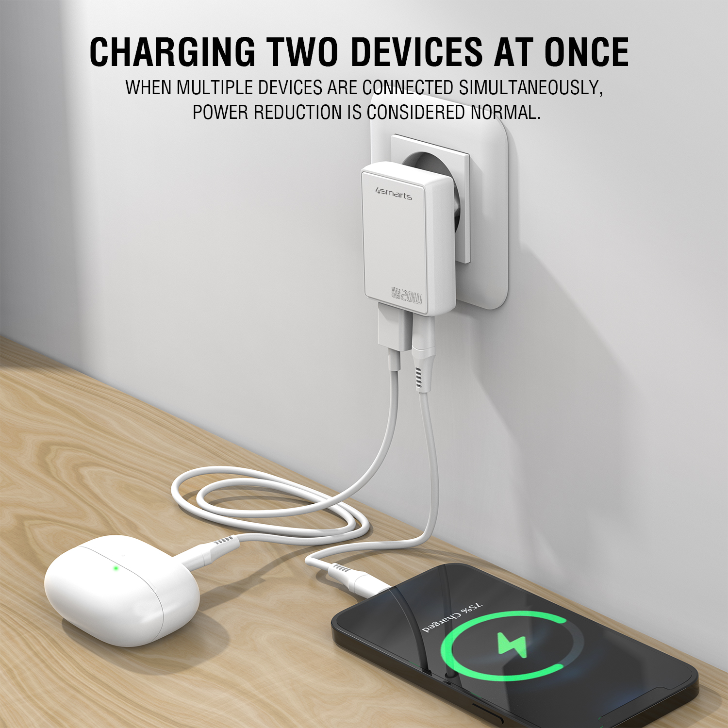 „4smarts USB-C charger plugged into a wall socket, simultaneously charging a laptop and wireless earbuds, with the caption 'Charge two devices at the same time'.“