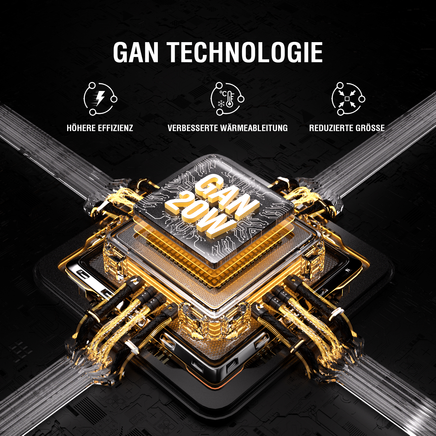 Visualisierung der GaN-Technologie mit einem 45W GaN-Chip, hervorgehoben durch goldene Leiterbahnen, die Effizienz, verbesserte Wärmeableitung und reduzierte Größe darstellen.
