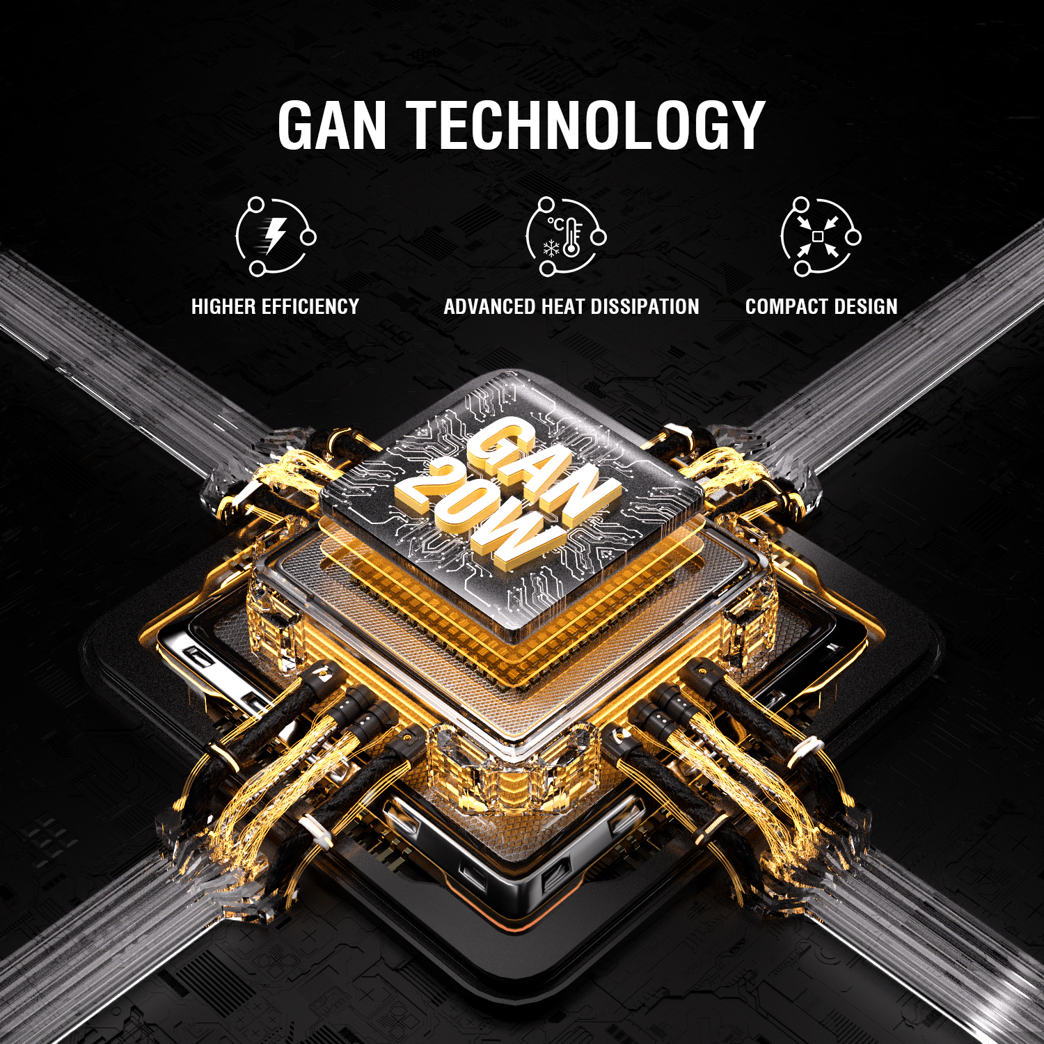 Visualization of GaN technology with a 45W GaN chip, highlighted by golden circuits showcasing efficiency, improved heat dissipation, and reduced size.