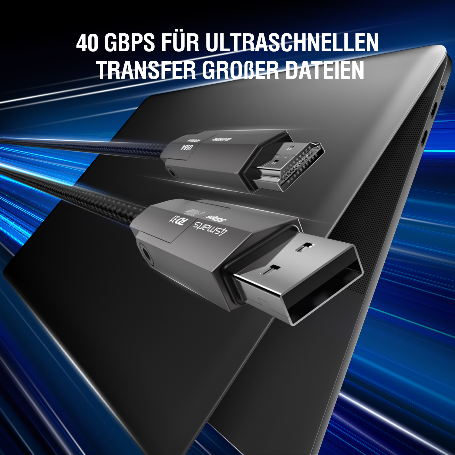 USB-C-Kabel mit 40 Gbps für ultraschnelle Datenübertragung großer Dateien.