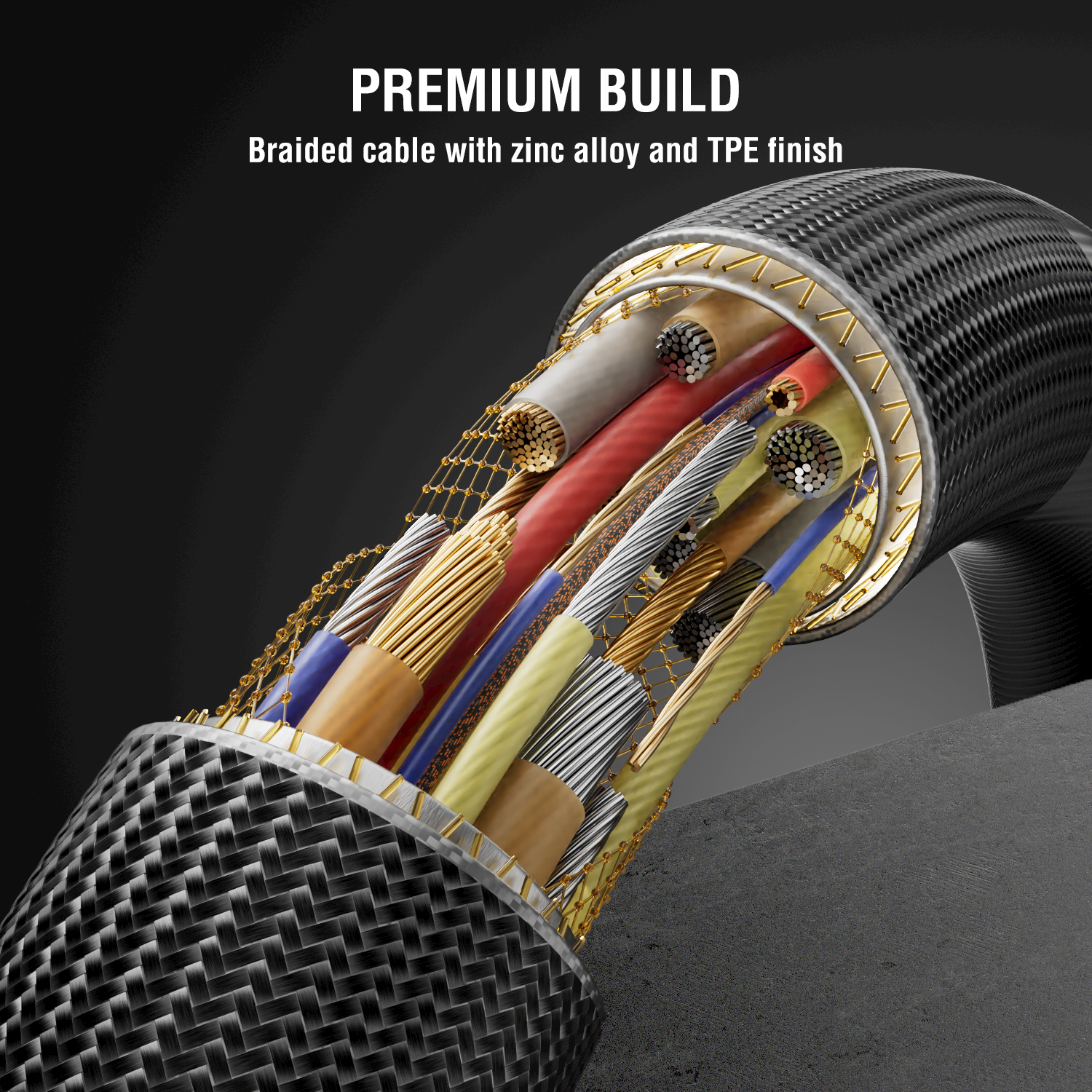 Premium USB cable cross-section – braided sleeve, zinc alloy and high-quality conductors.