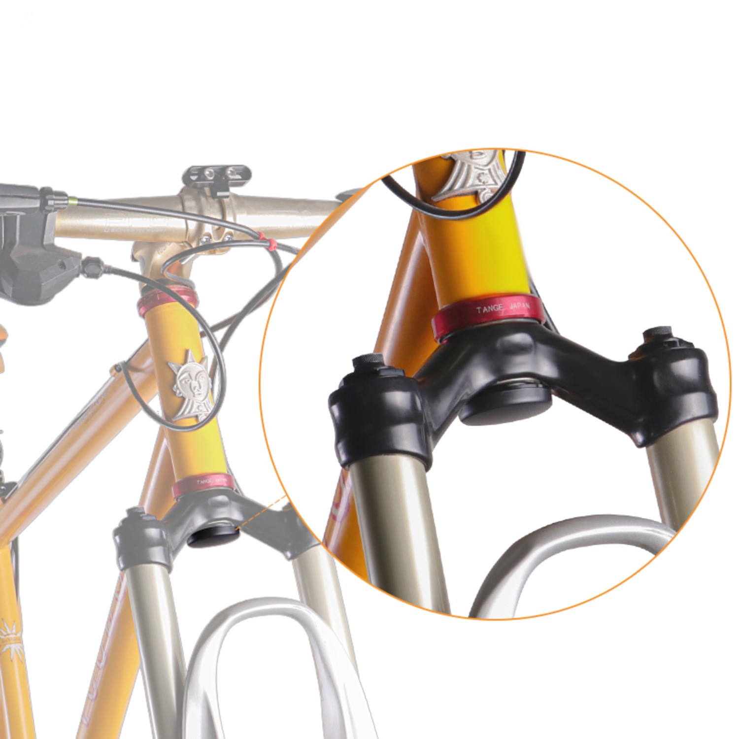 Montageposition der SkyTag Duos Hülle in der Vorderradgabel unter dem Steuerrohr – unauffällig im Fahrrad integriert.