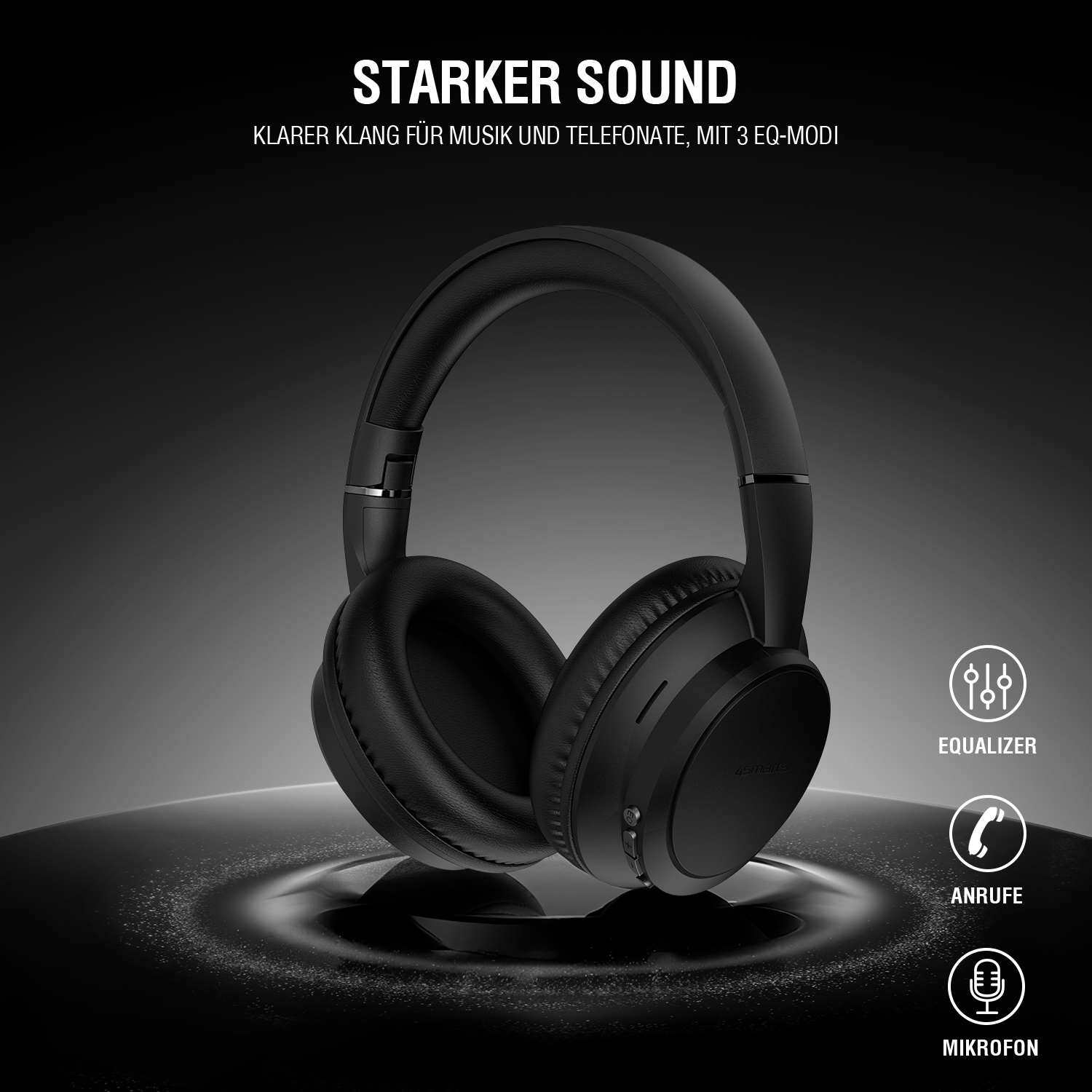 Schwarze Over-Ear-Kopfhörer auf schwarzem Hintergrund, mit Icons für Equalizer, Anrufe und Mikrofon. Text hebt klaren Klang und 3 EQ-Modi hervor.
