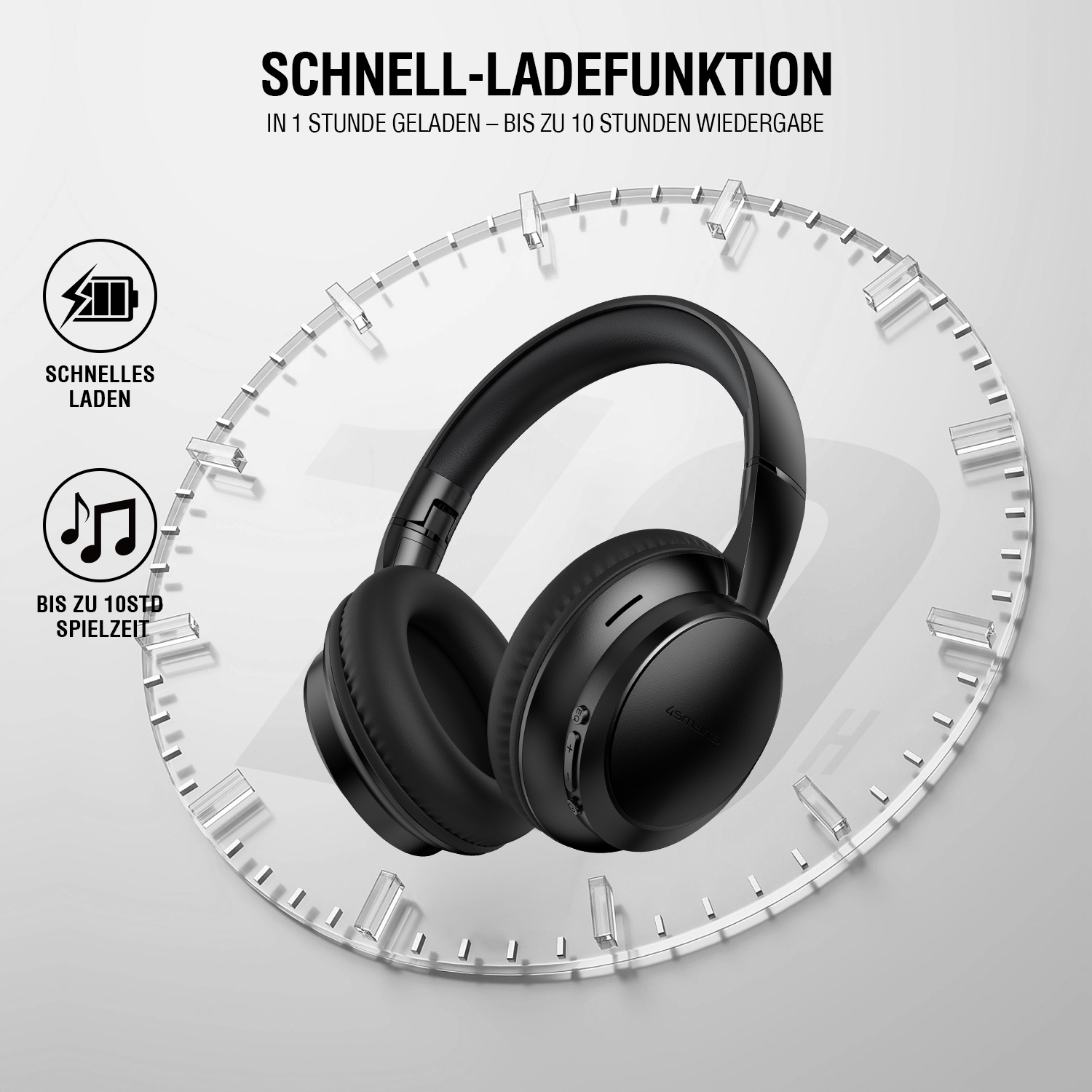 Schwarze Over-Ear-Kopfhörer vor stilisiertem Ziffernblatt, hervorgehoben wird die Schnellladefunktion mit bis zu 10 Stunden Wiedergabe nach 1 Stunde Laden.
