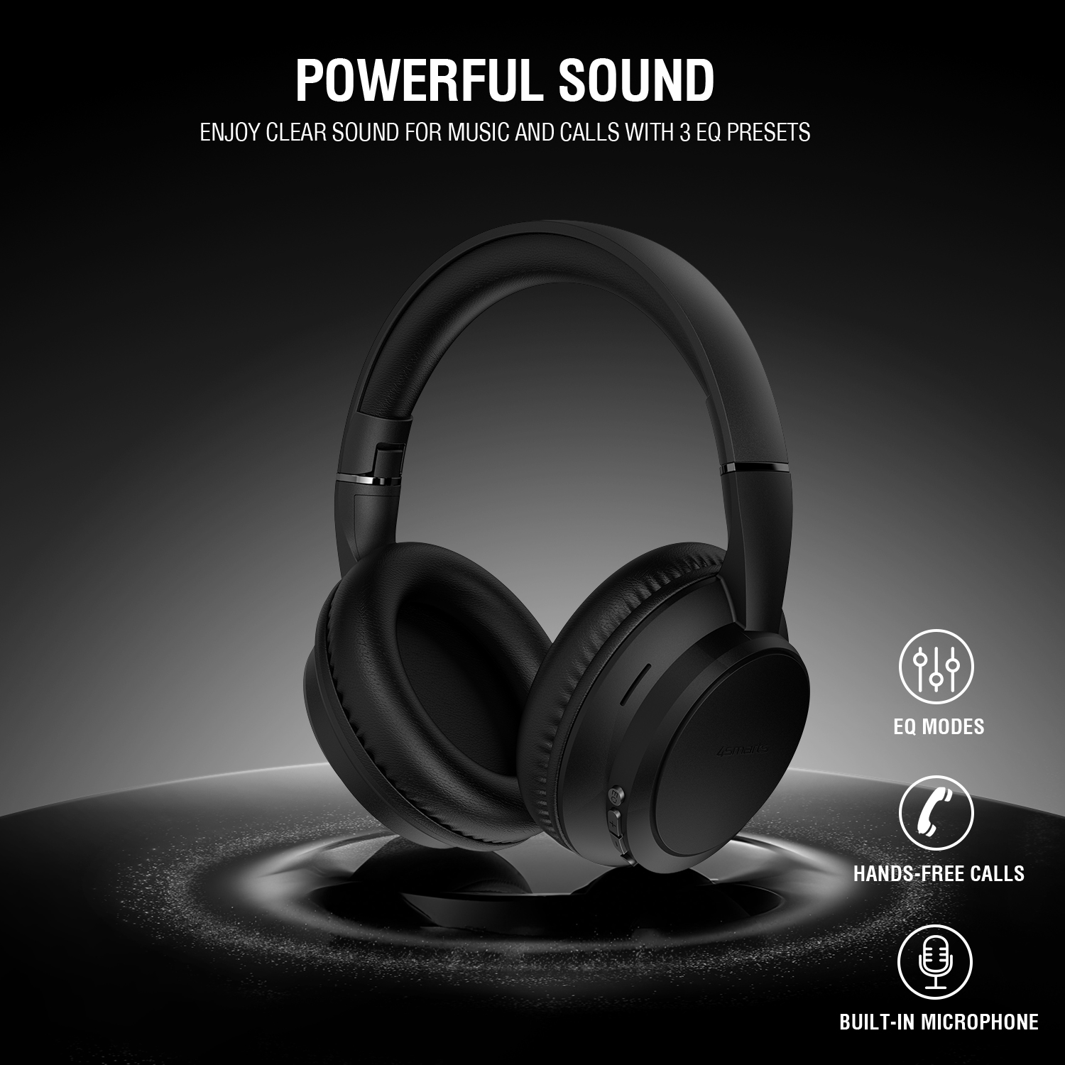 Black over-ear headphones on a dark background, with icons for equalizer, calls, and microphone. Text highlights clear sound and 3 EQ modes.

