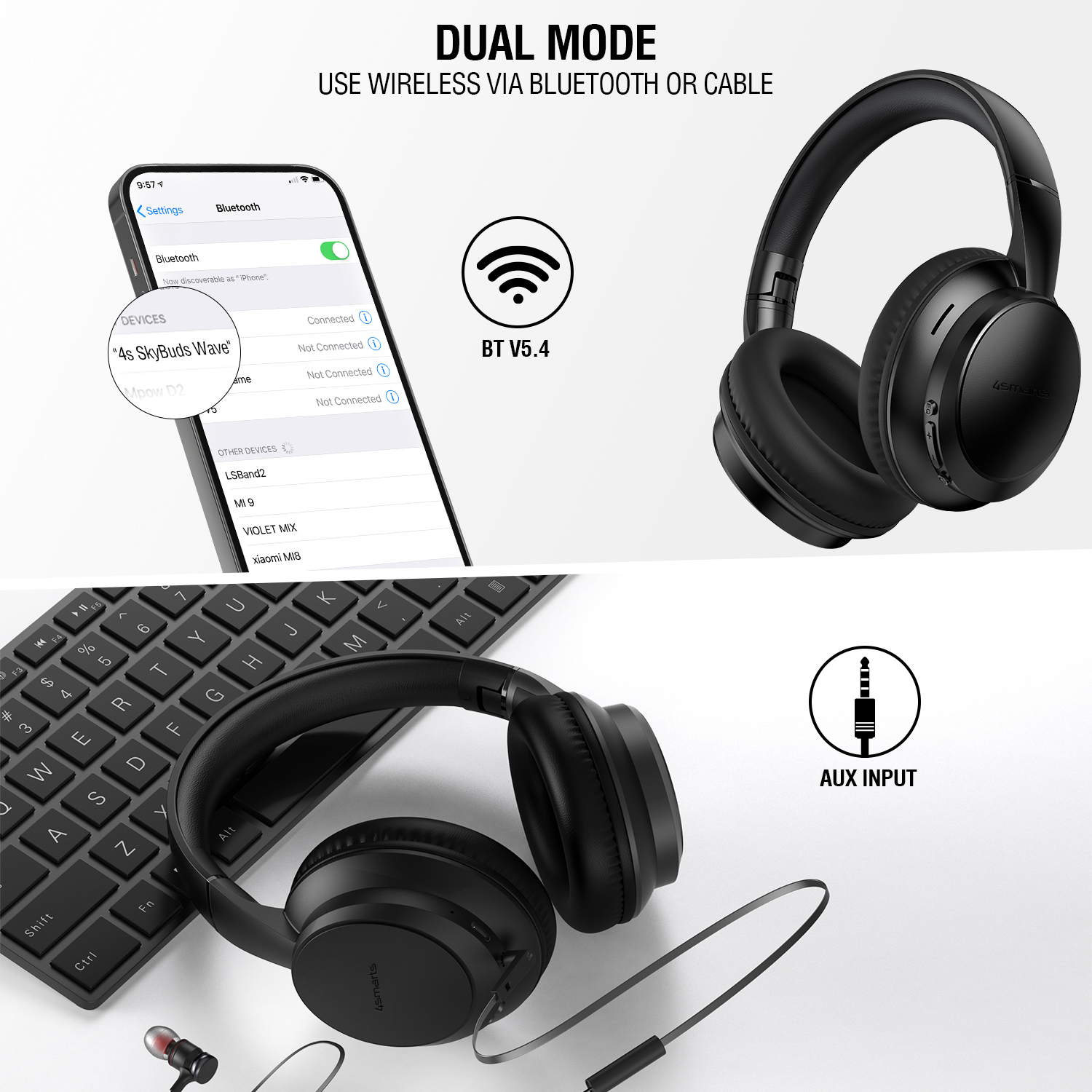 Over-ear headphones with two connection options: wireless via Bluetooth 5.4 and wired via AUX input. Shown with smartphone and keyboard.
