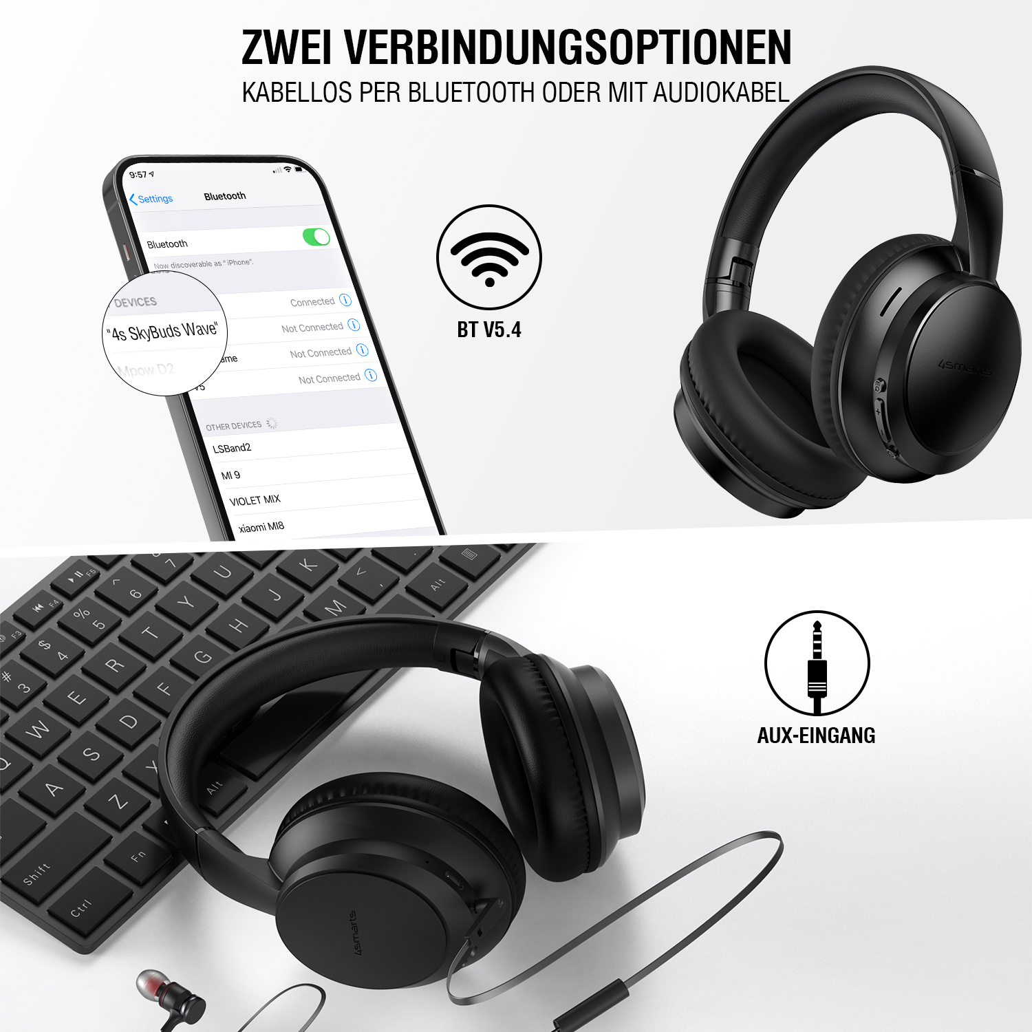 Over-Ear-Kopfhörer mit zwei Verbindungsmöglichkeiten: kabellos per Bluetooth 5.4 und kabelgebunden über AUX-Eingang. Darstellung mit Smartphone und Tastatur.
