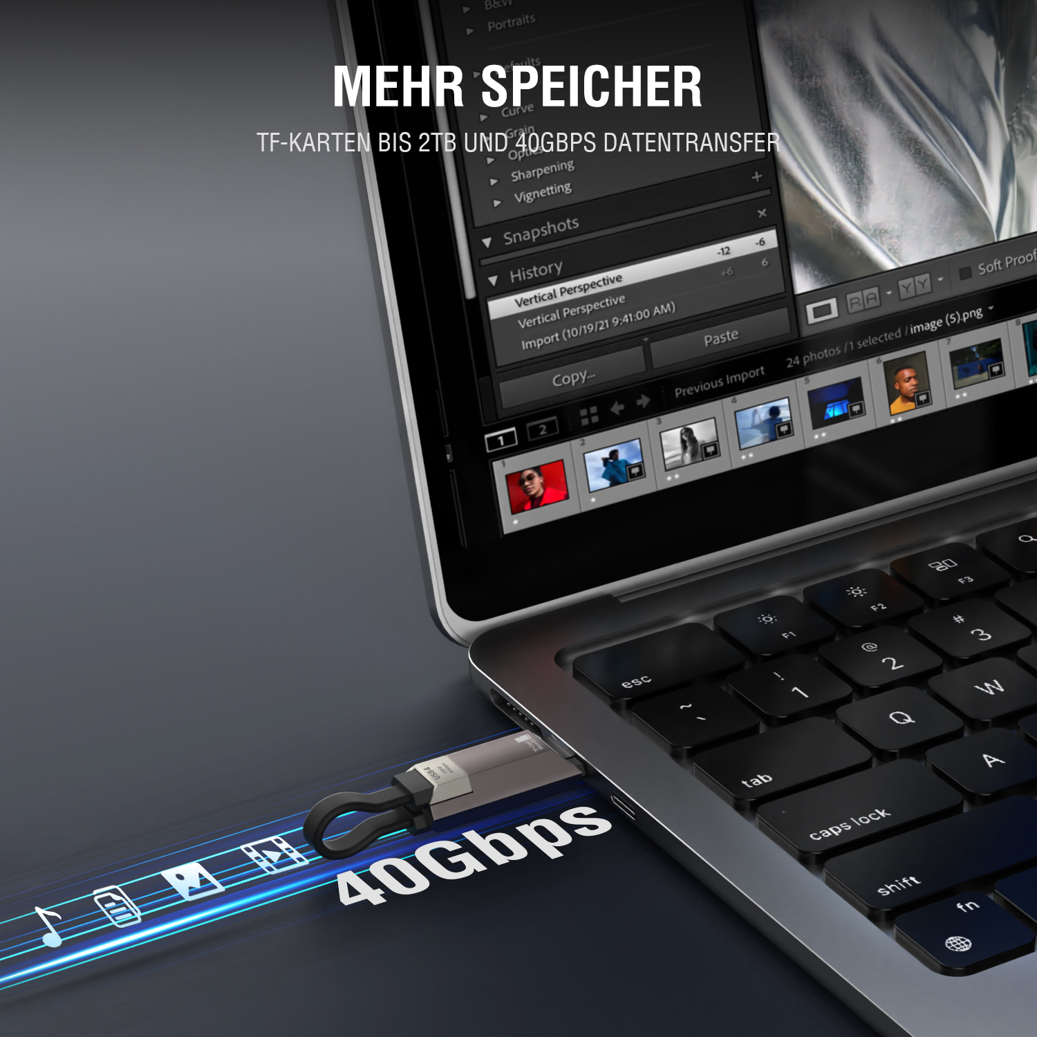 USB4-Kabel mit TF-Kartenleser am Laptop für 40 Gbps Datentransfer

