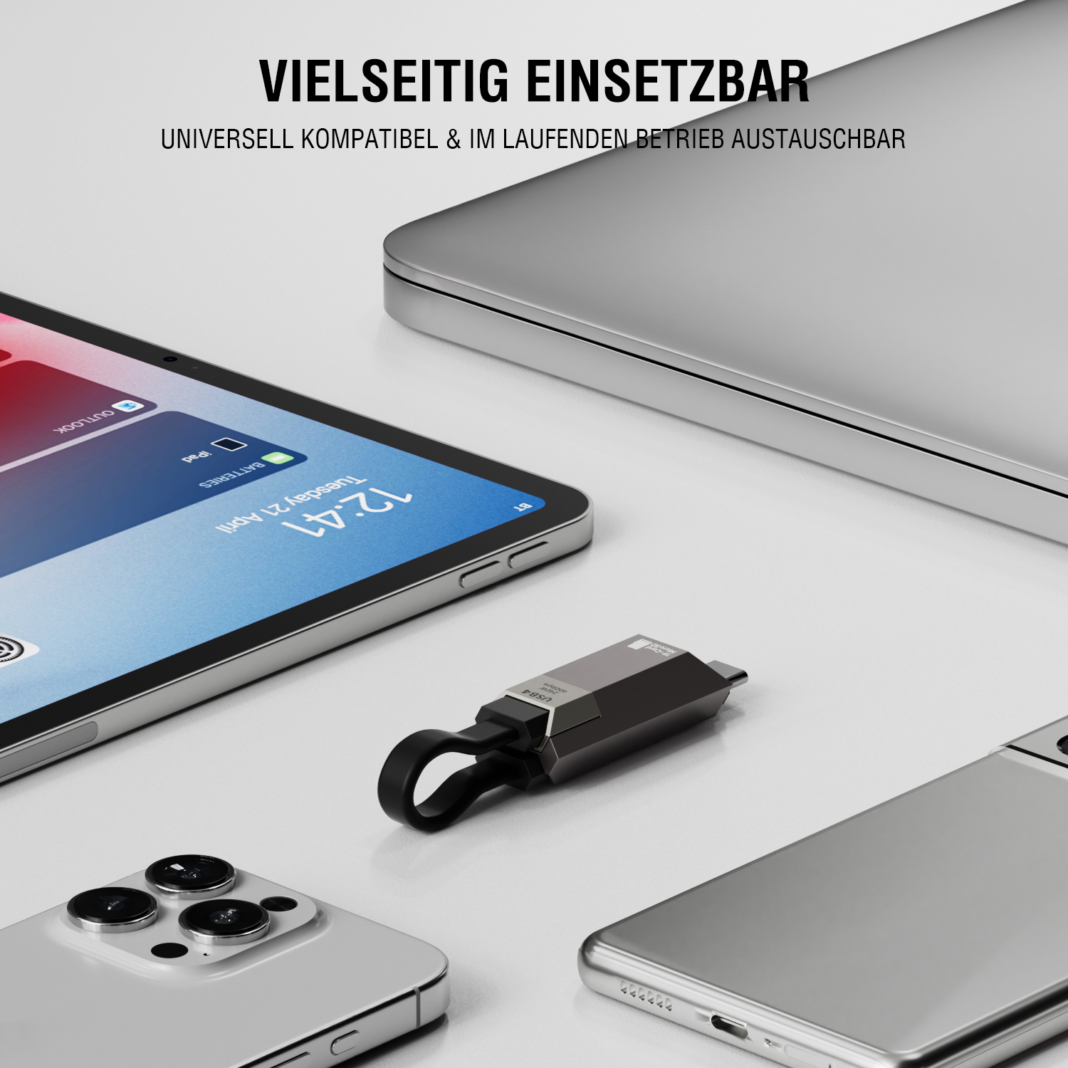 USB4-Kabel mit Dual-USB-C neben Smartphone, Tablet und Laptop für vielseitige Nutzung
