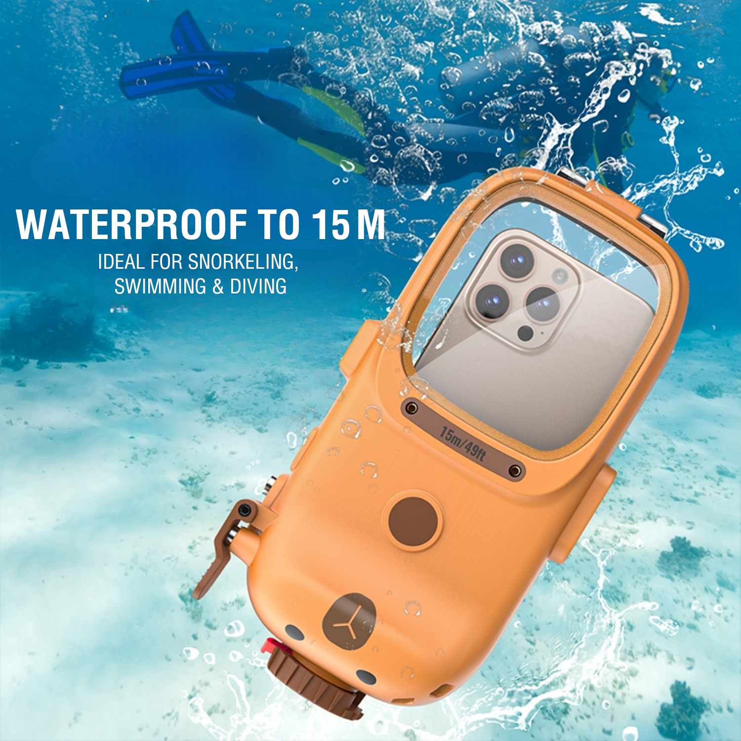 Smartphone inside 4smarts waterproof diving case being used underwater with physical shutter button – ideal for taking photos while diving or snorkeling