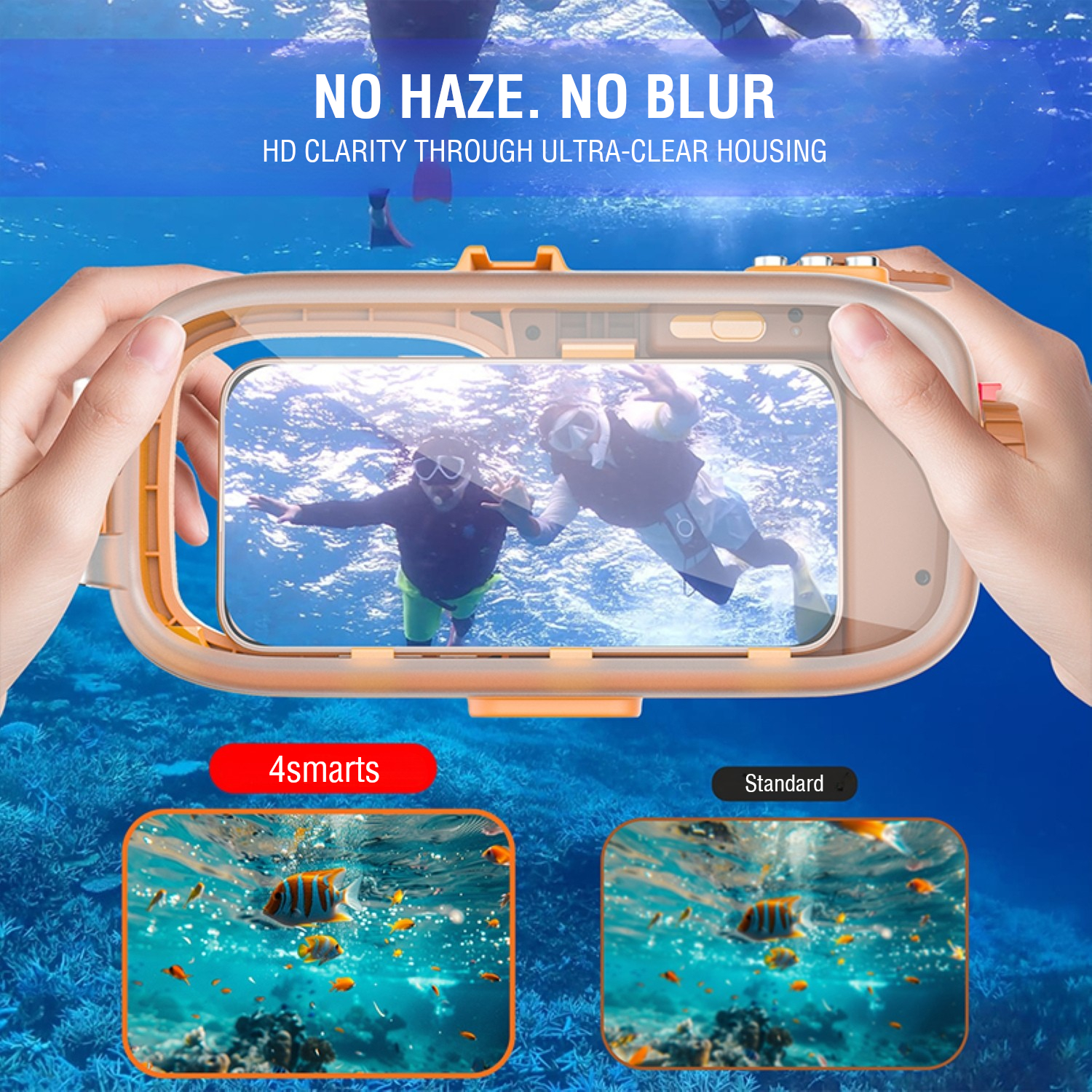 Back view of the 4smarts waterproof smartphone case with a clear camera window for sharp underwater photography