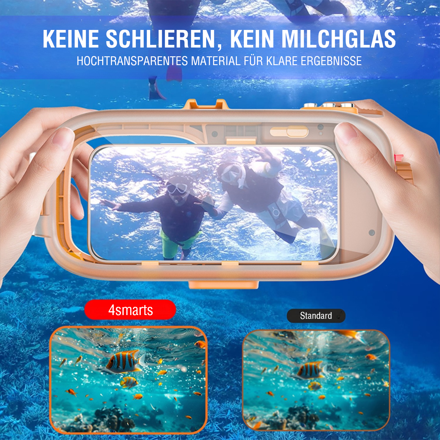 Rückseite der wasserdichten Smartphone-Hülle von 4smarts mit transparentem Kamerafenster für scharfe Unterwasserfotos