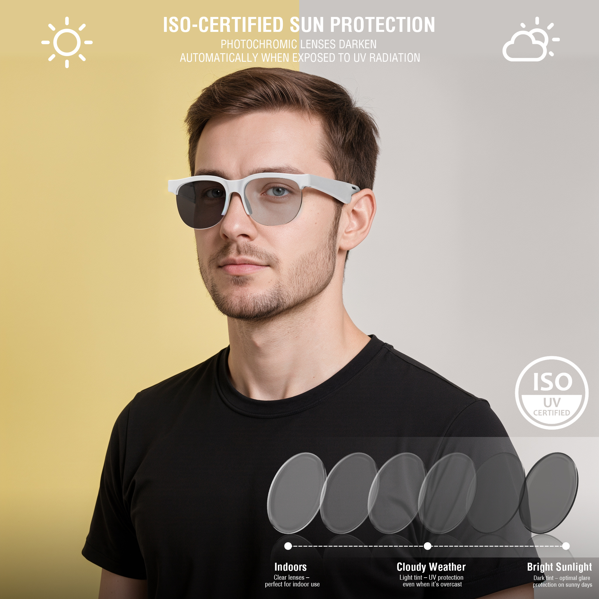 Man wearing SoundGlasses against a yellow-grey background – ISO-certified UV protection with photochromic lenses that darken automatically in sunlight.
