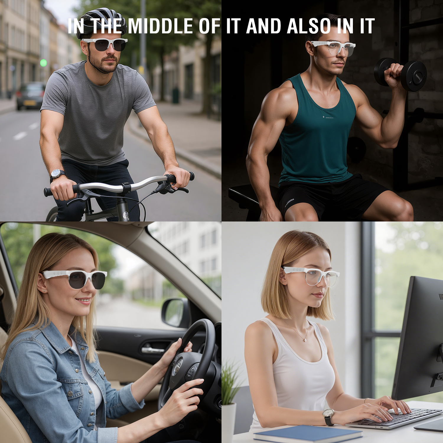 Four everyday use cases with SoundGlasses: cycling, working out, driving, and office – perfect for every situation.