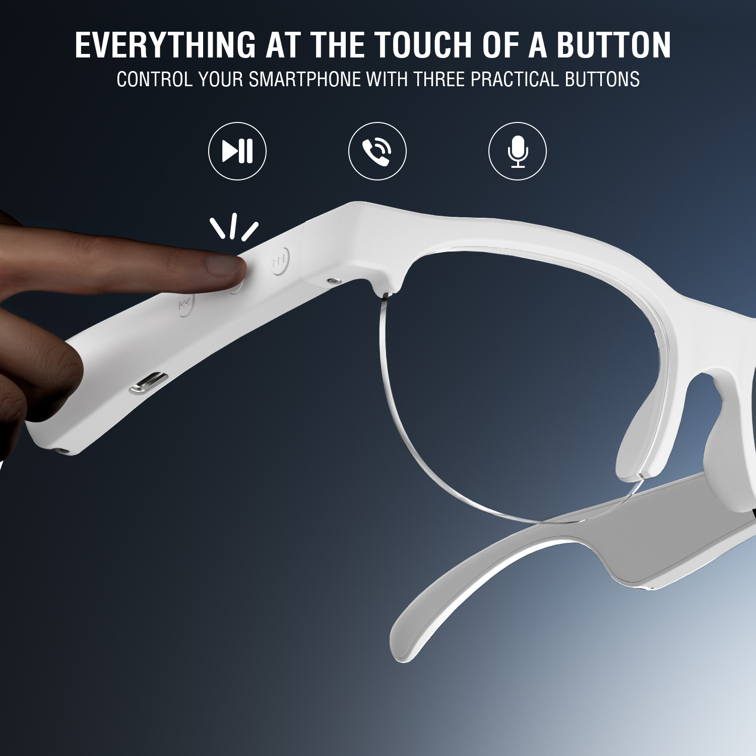 Close-up of a finger pressing the side button on the SoundGlasses – easy control of music, calls, and voice assistant.